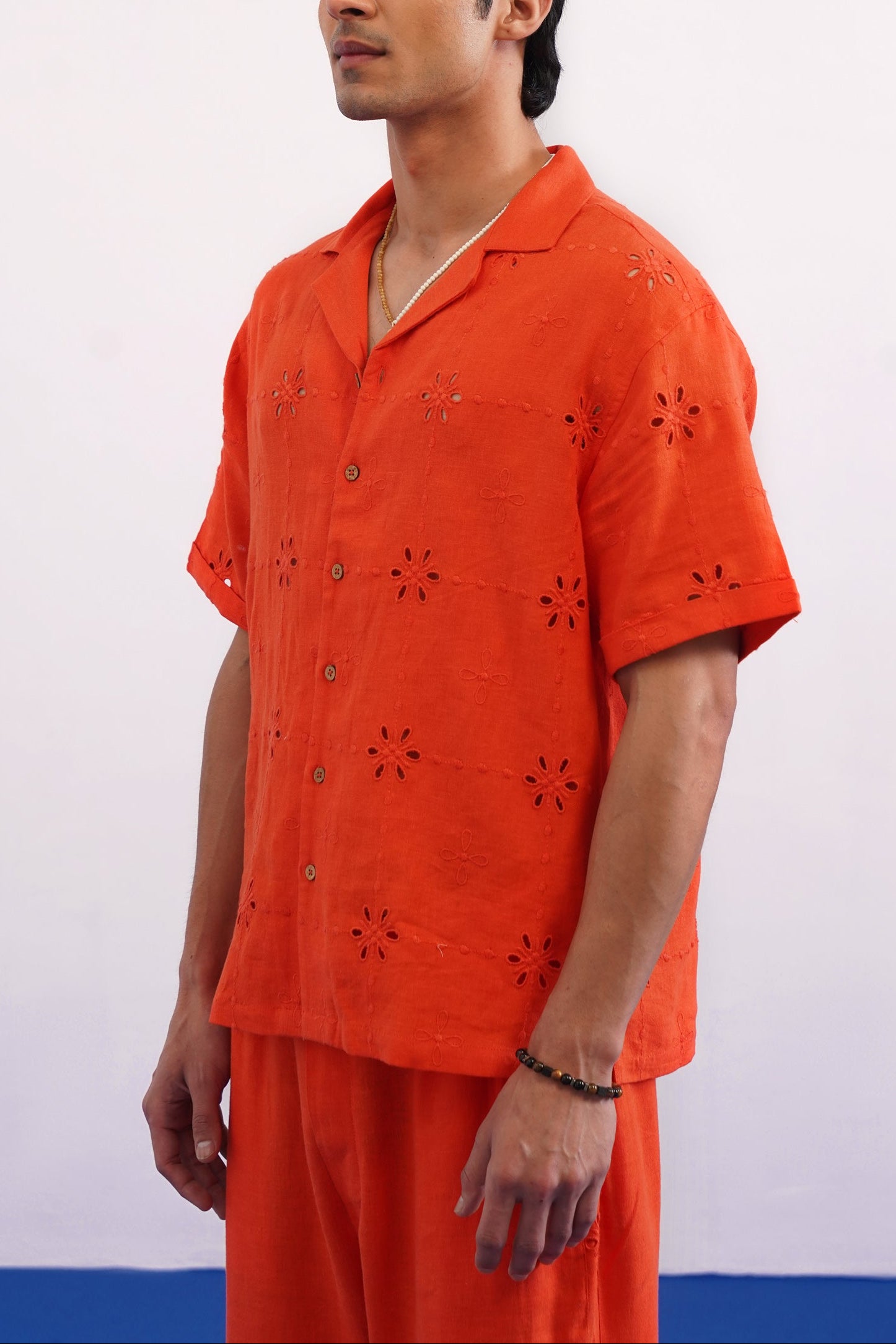 TANGERINE EYELET VISCOSE LINEN SHIRT - TANGERINE ORANGE