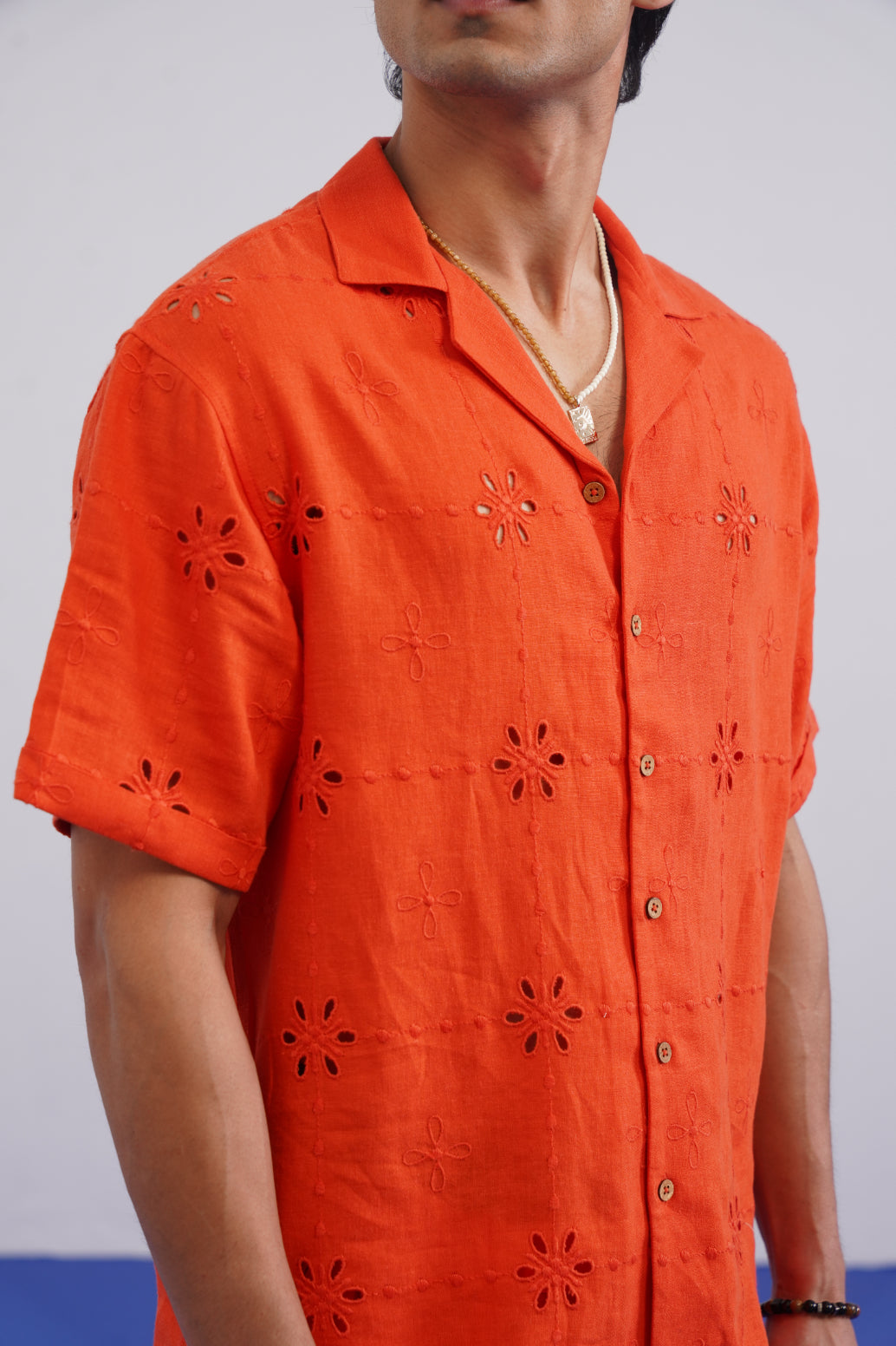 TANGERINE EYELET VISCOSE LINEN SHIRT - TANGERINE ORANGE