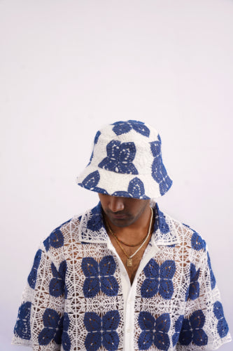AZUR BLOOM GUIPURE BUCKET HAT - PORCELAIN NAVY