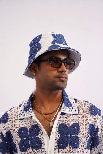 AZUR BLOOM GUIPURE BUCKET HAT - PORCELAIN NAVY
