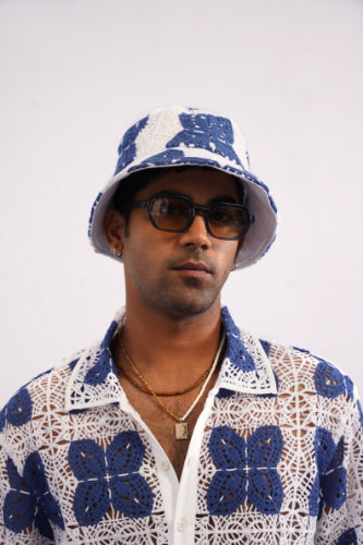 AZUR BLOOM GUIPURE BUCKET HAT - PORCELAIN NAVY