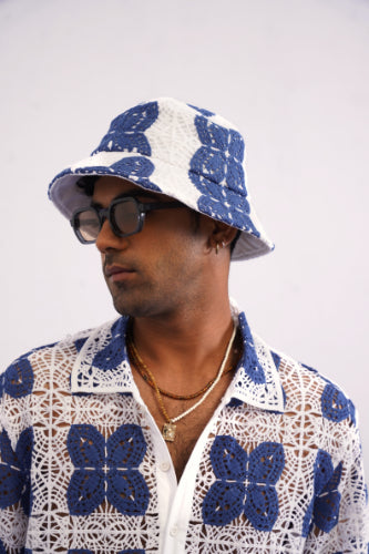 AZUR BLOOM GUIPURE BUCKET HAT - PORCELAIN NAVY