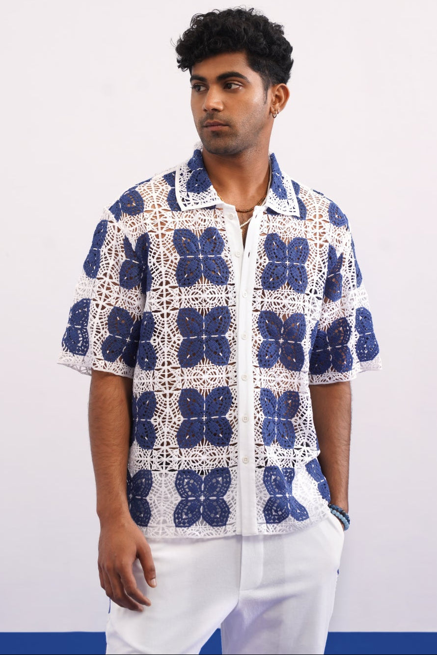 RIVIERA GUIPURE SHIRT - PORCELAIN NAVY
