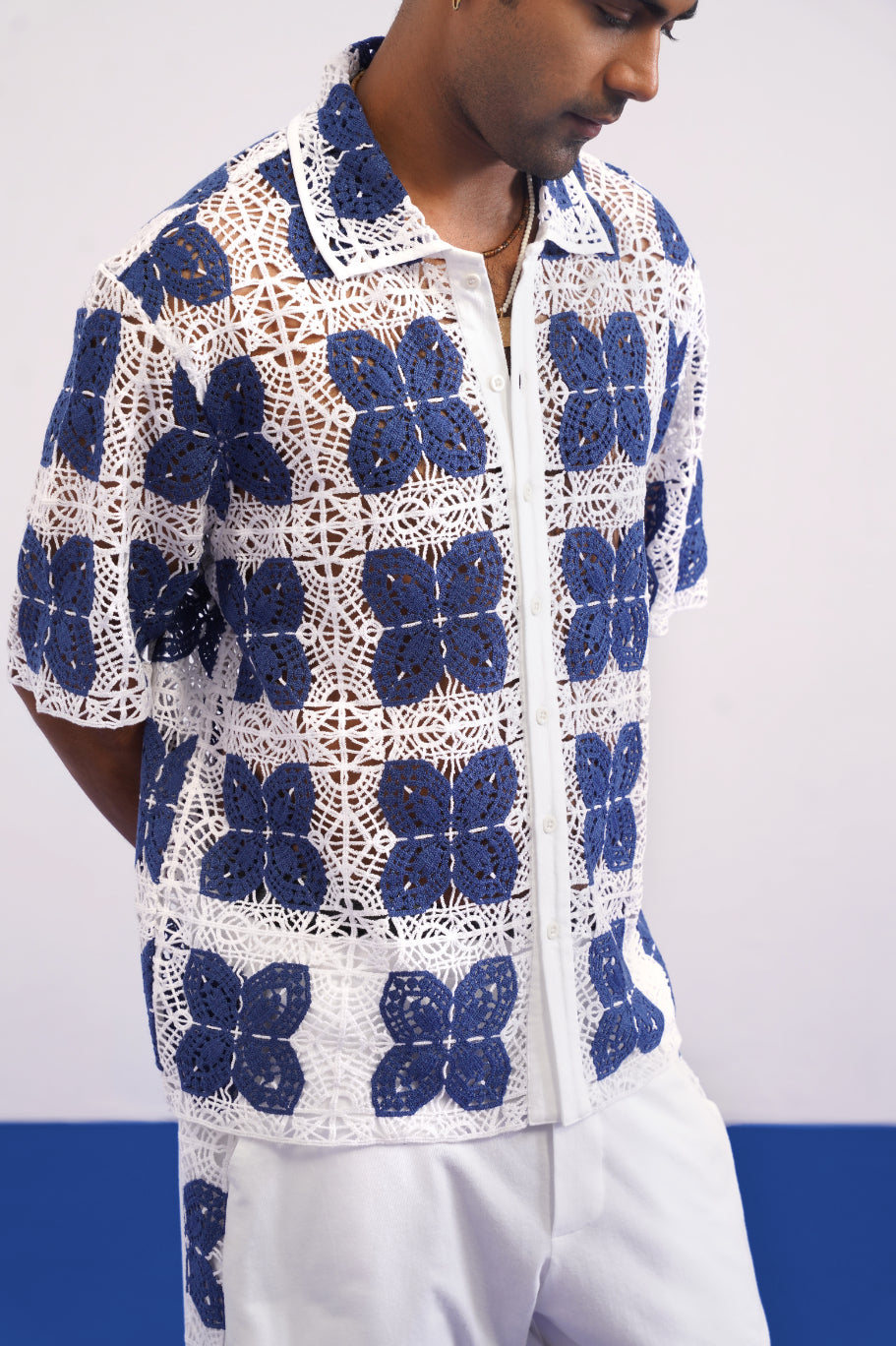 RIVIERA GUIPURE SHIRT - PORCELAIN NAVY