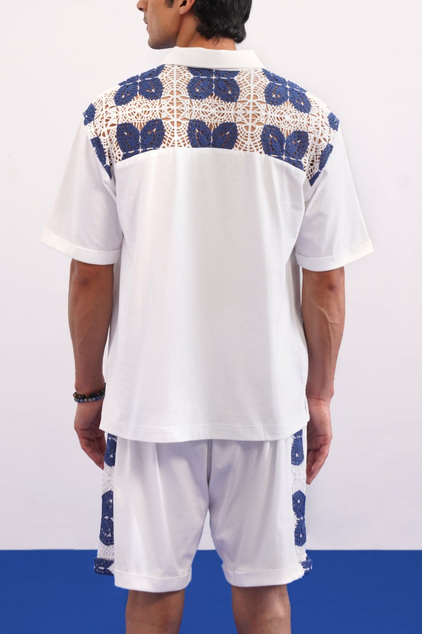 RIVIERA GUIPURE COTTON KNIT T-SHIRT - PORCELAIN NAVY