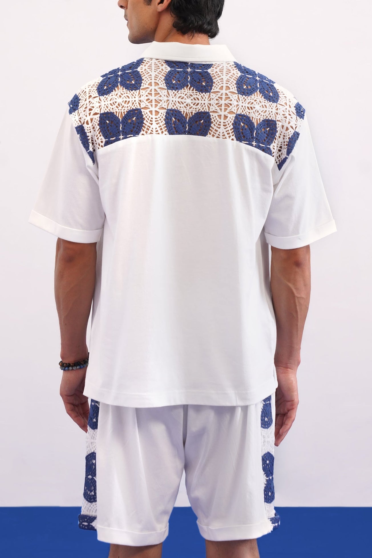 RIVIERA GUIPURE COTTON KNIT CO-ORD SET - PORCELAIN NAVY