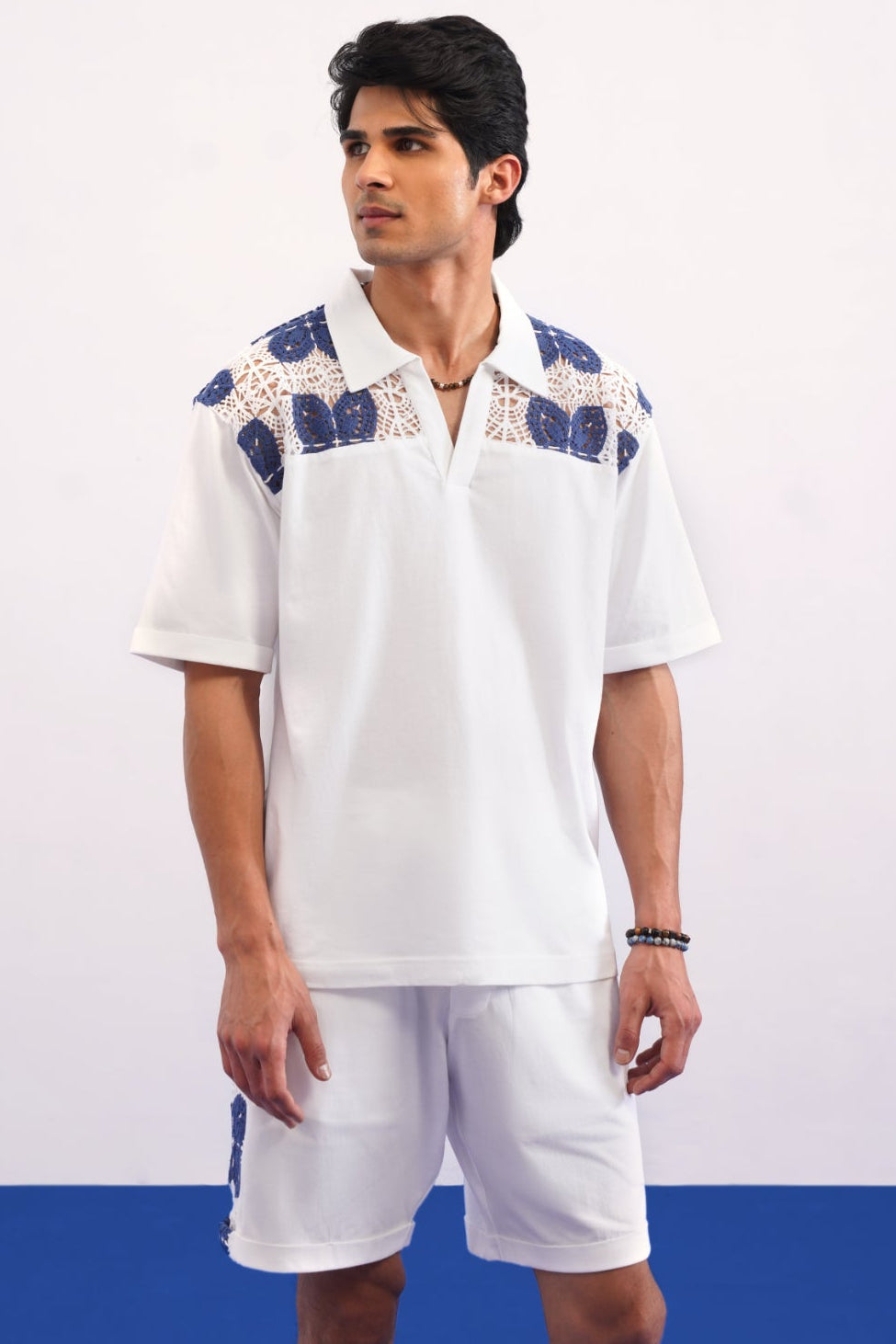 RIVIERA GUIPURE COTTON KNIT T-SHIRT - PORCELAIN NAVY