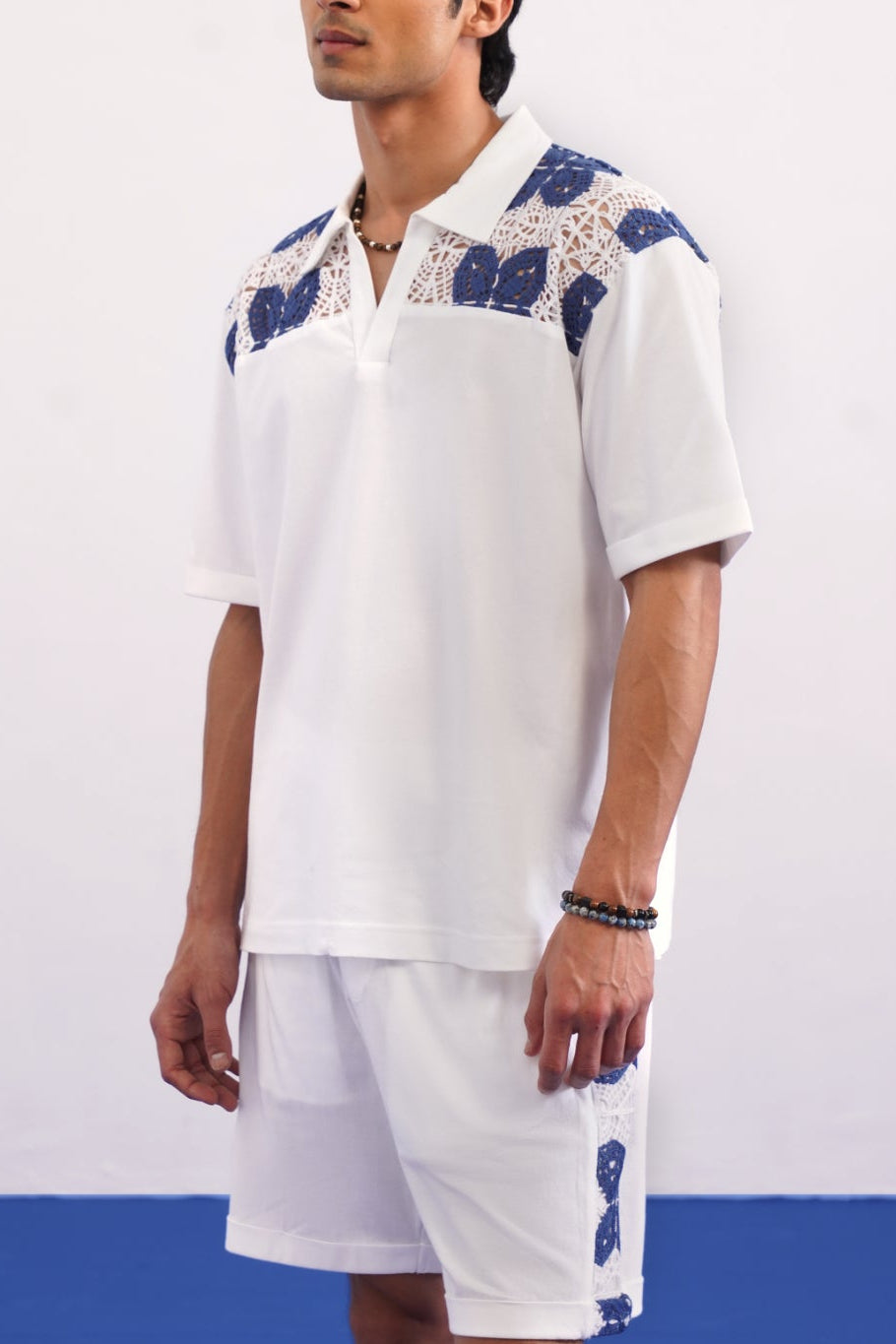 RIVIERA GUIPURE COTTON KNIT T-SHIRT - PORCELAIN NAVY