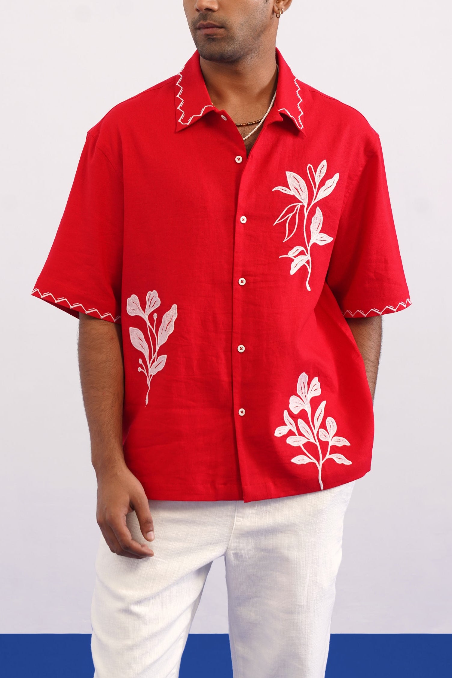 COVE VINE LINEN SHIRT - POPPY RED