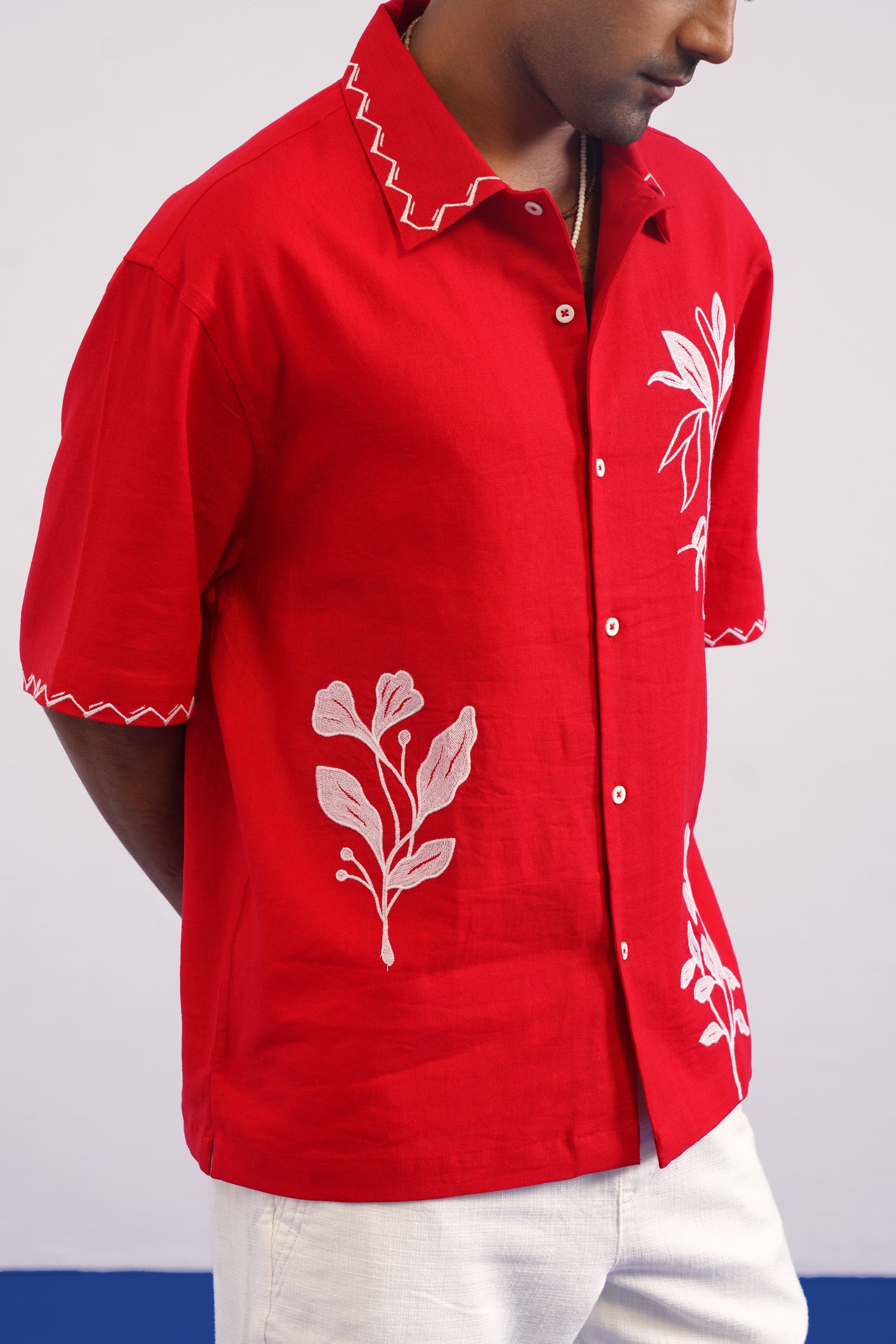 COVE VINE LINEN SHIRT - POPPY RED