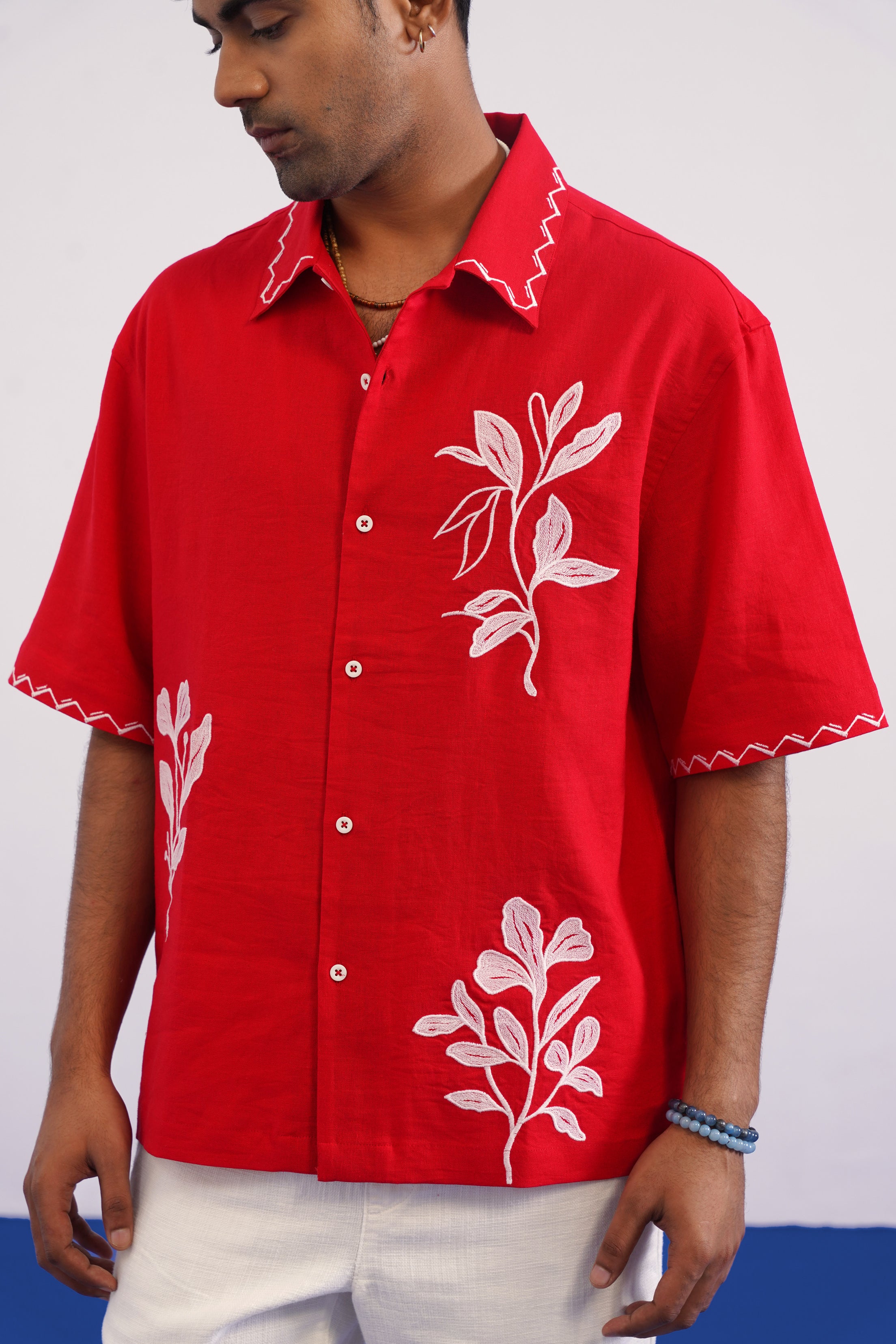 COVE VINE LINEN SHIRT - POPPY RED