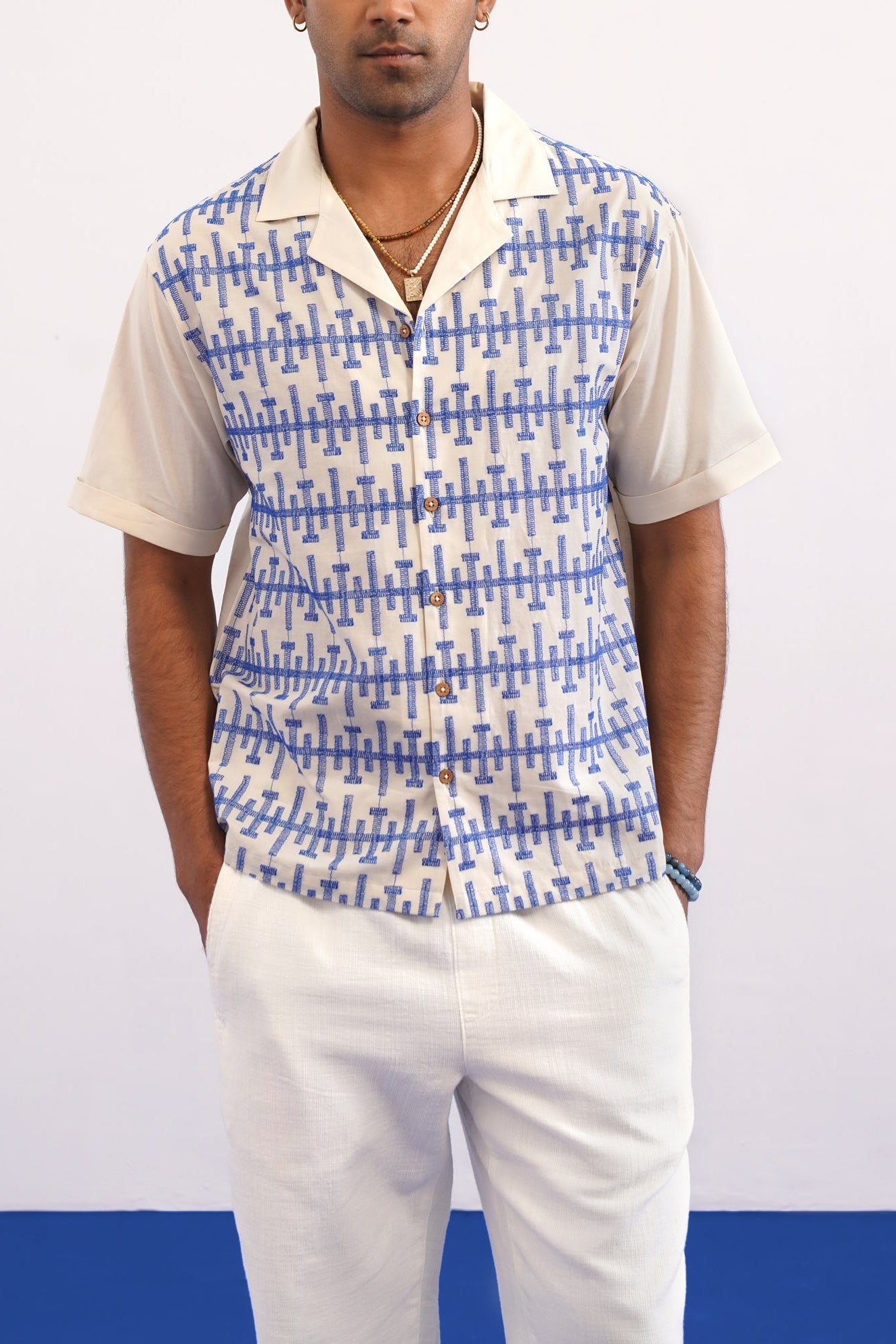 PIERLINE COTTON SHIRT - ECRU/COBALT BLUE