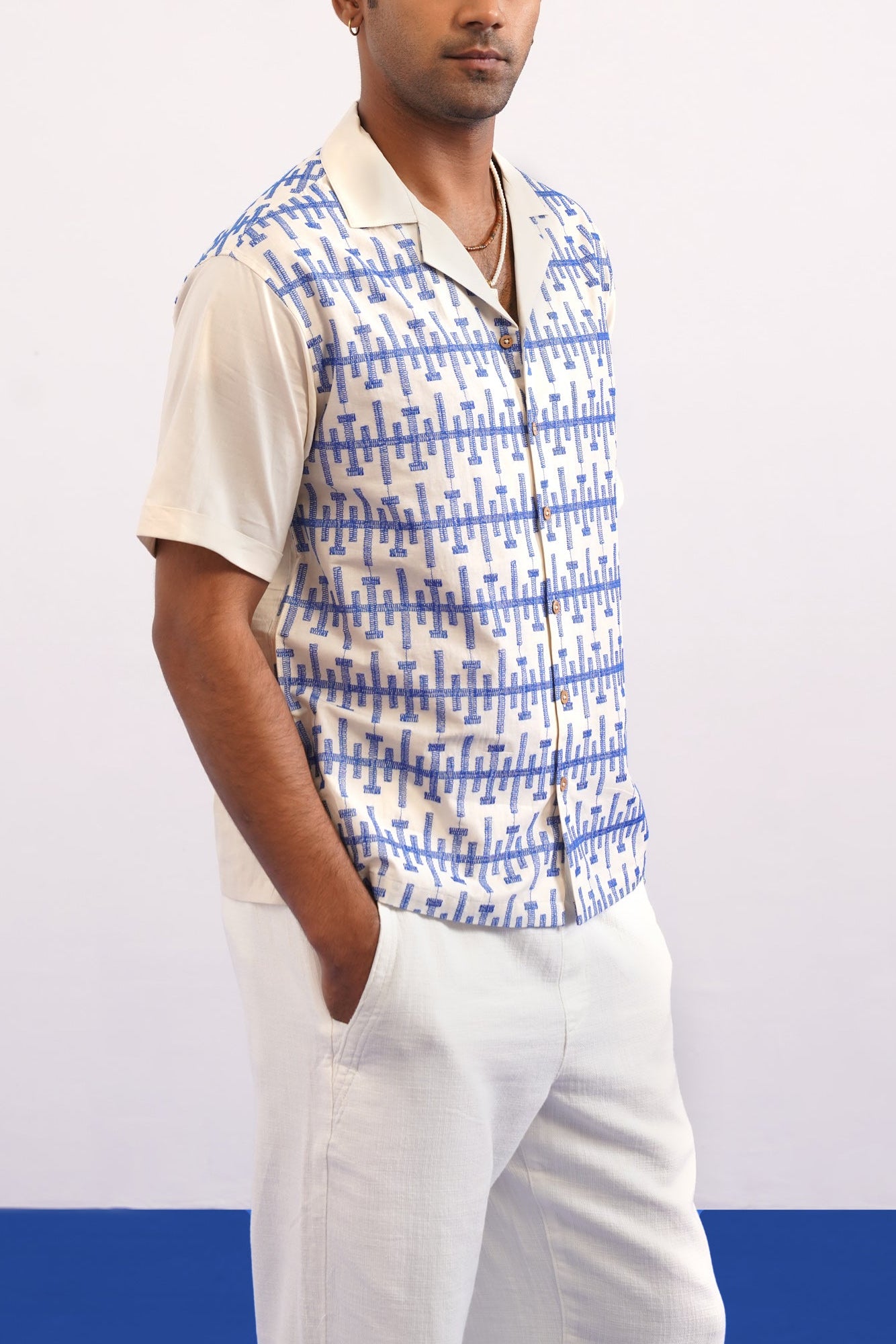 PIERLINE COTTON SHIRT - ECRU/COBALT BLUE
