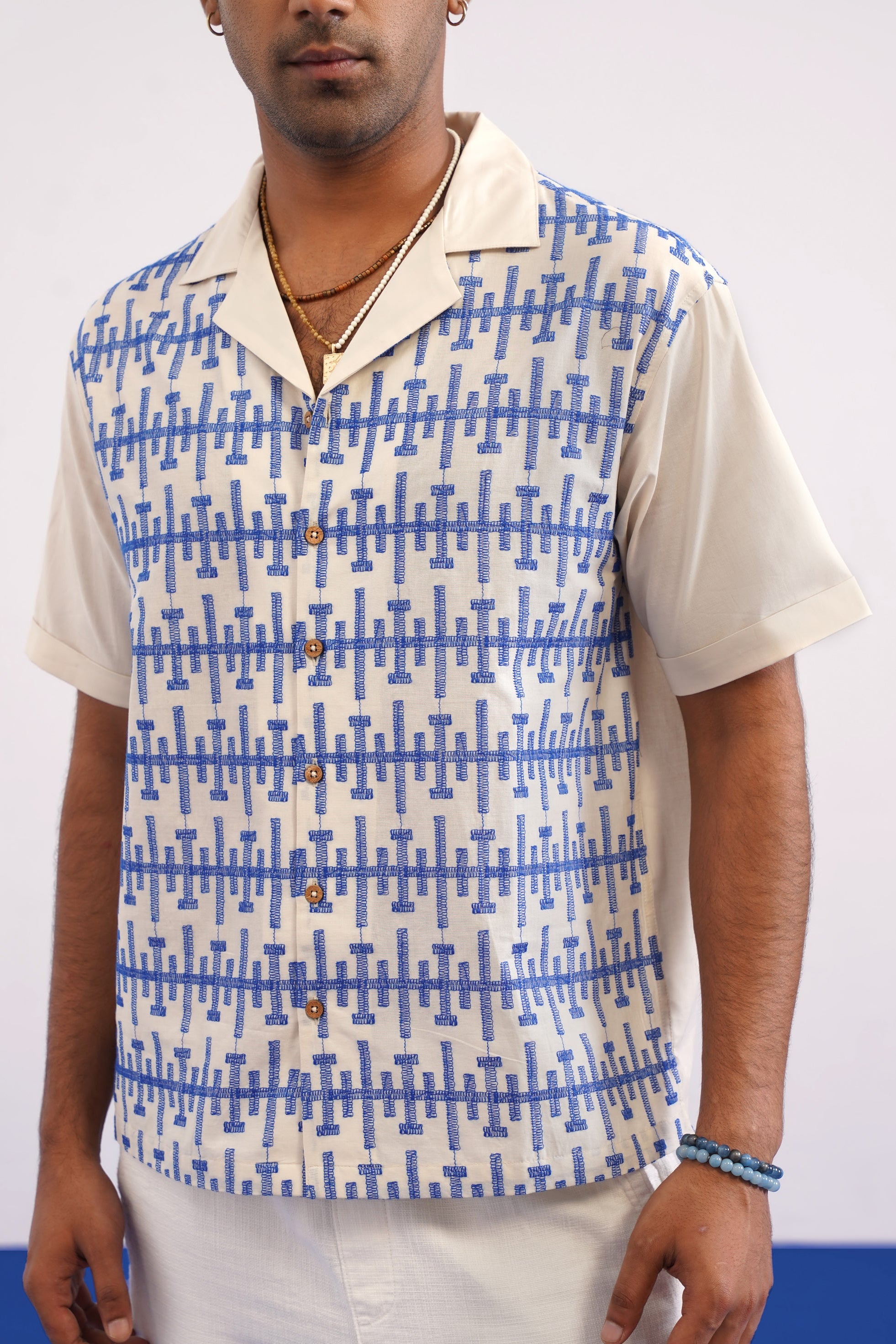 PIERLINE COTTON SHIRT - ECRU/COBALT BLUE