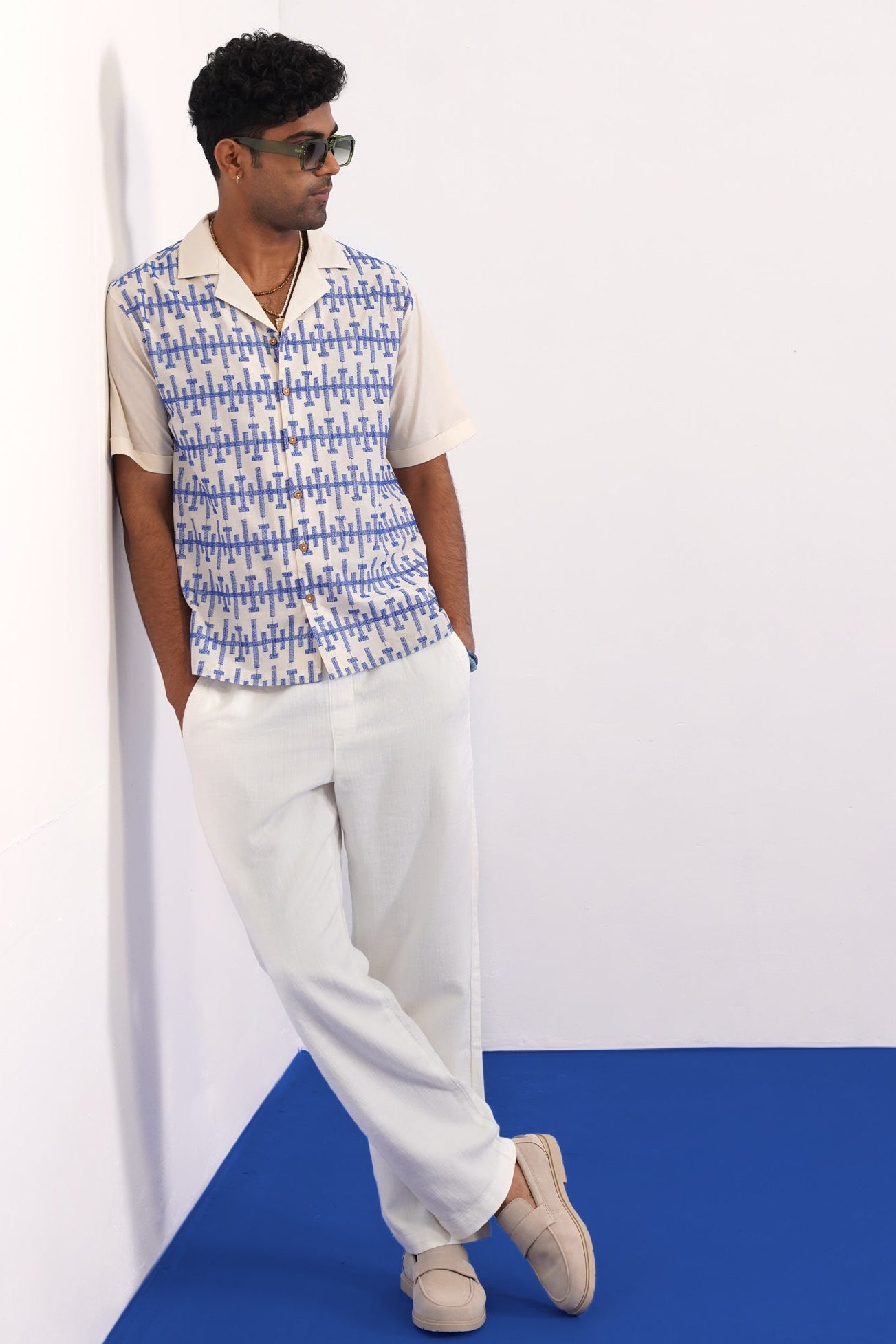 PIERLINE COTTON SHIRT - ECRU/COBALT BLUE