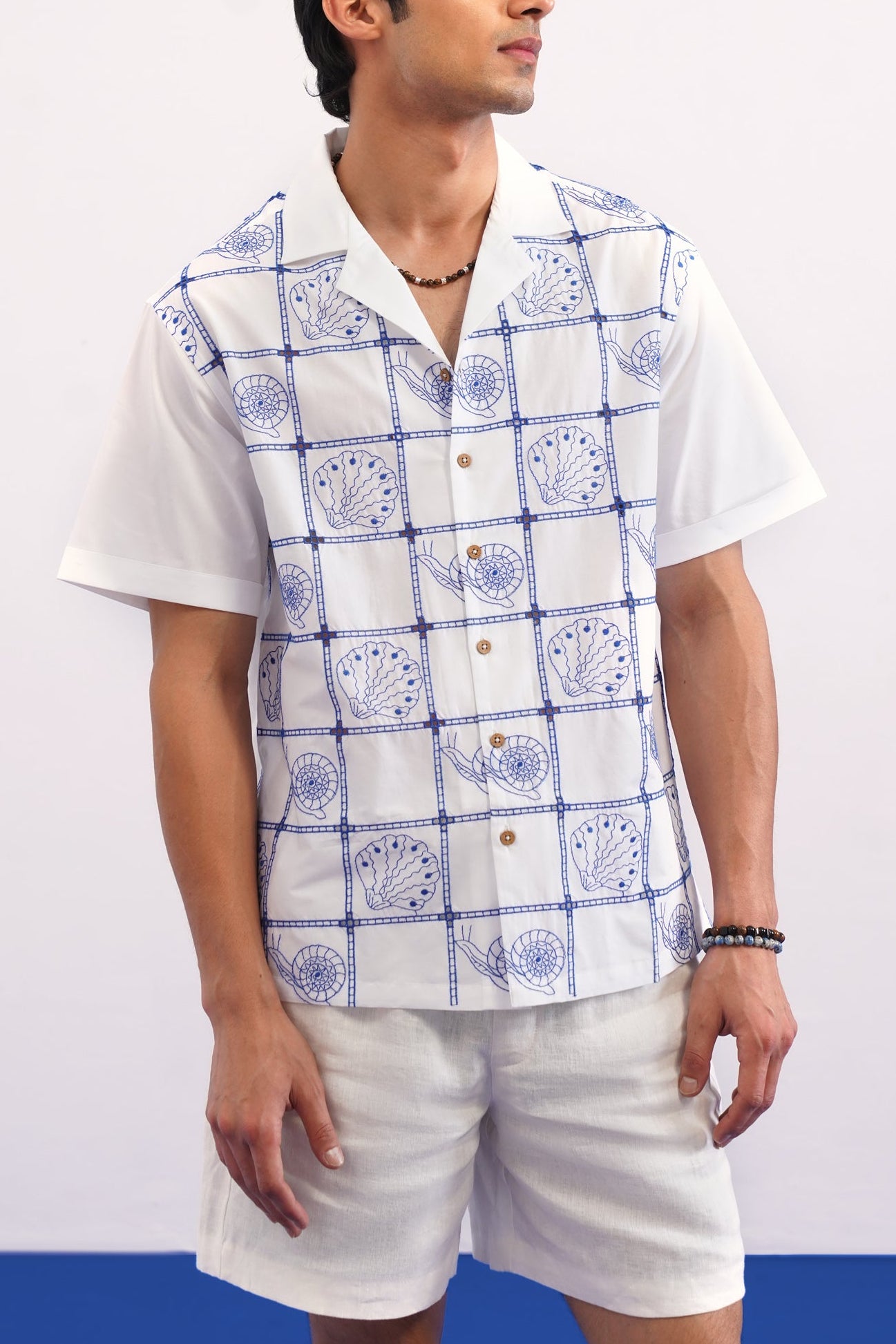 TIDE TILE COTTON SHIRT - SALT/COBALT BLUE