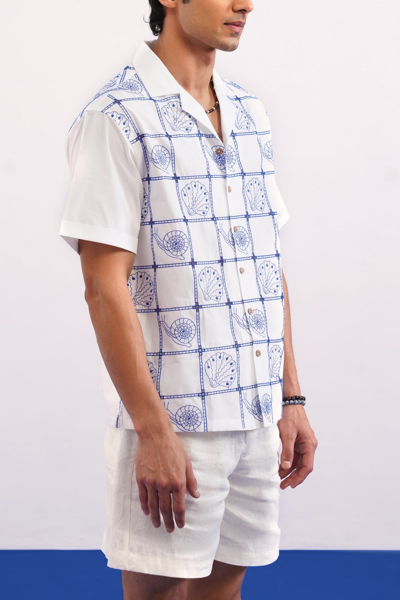 TIDE TILE COTTON SHIRT - SALT/COBALT BLUE