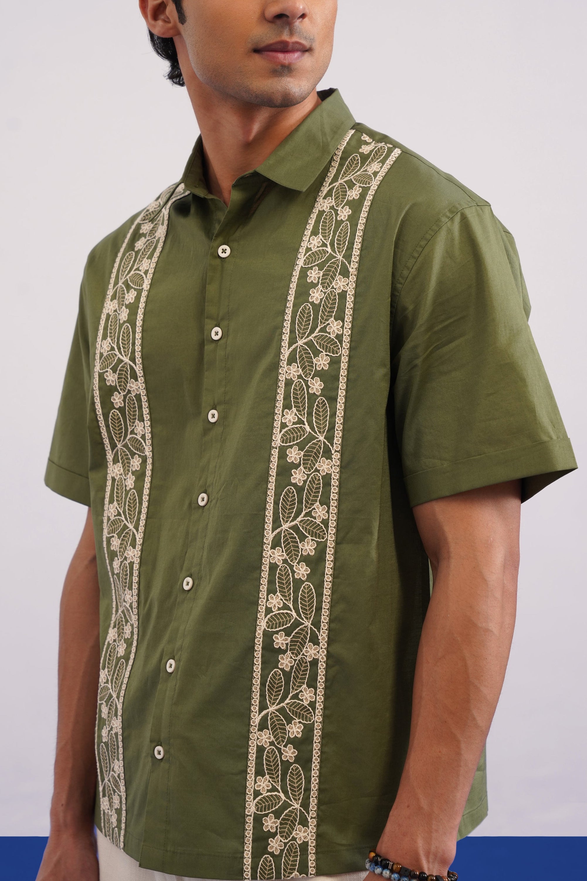 BOTANICAL TRAIL COTTON SHIRT - OLIVE GREEN