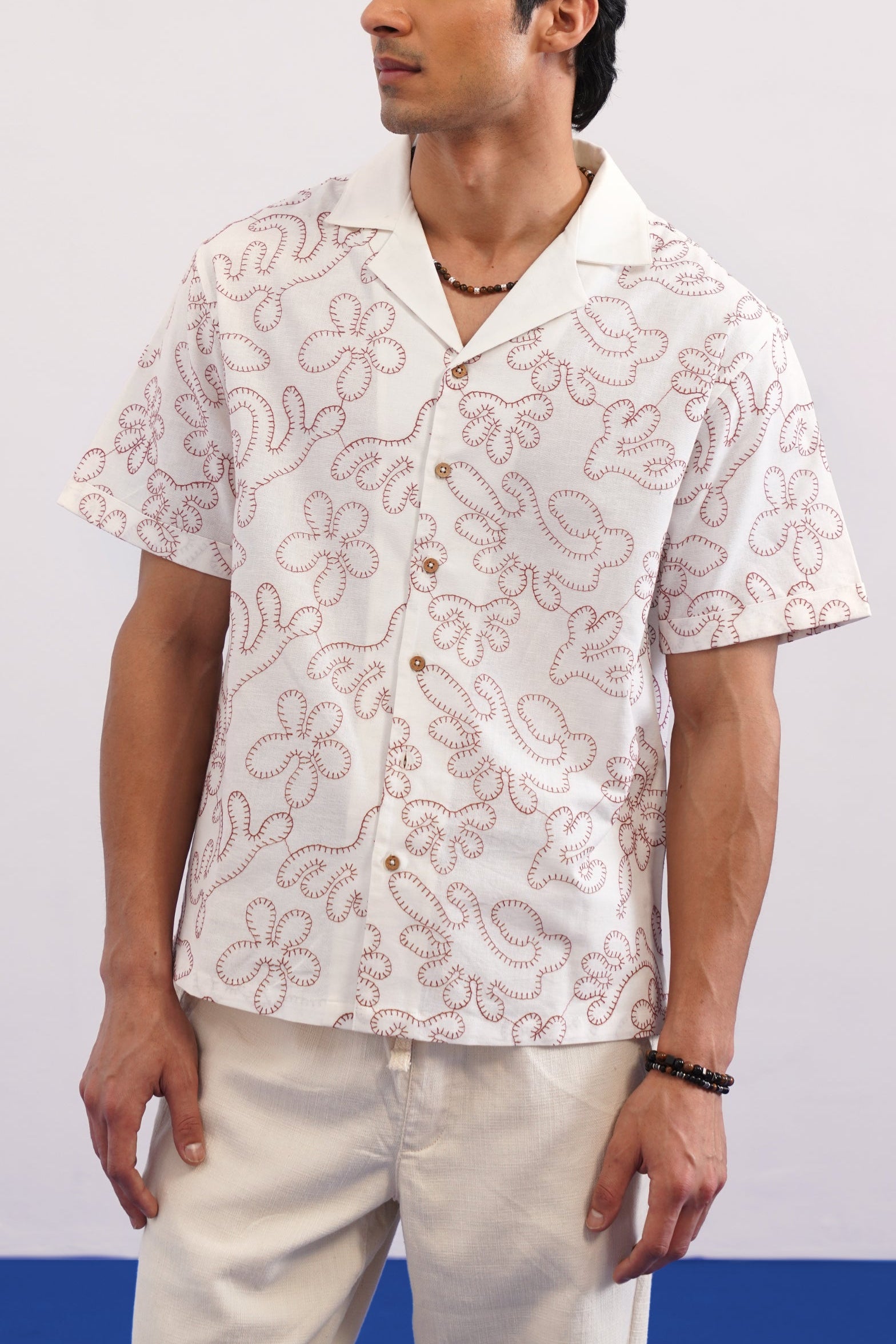 CORAL DRIFT COTTON LINEN SHIRT - SALT/CORAL RED