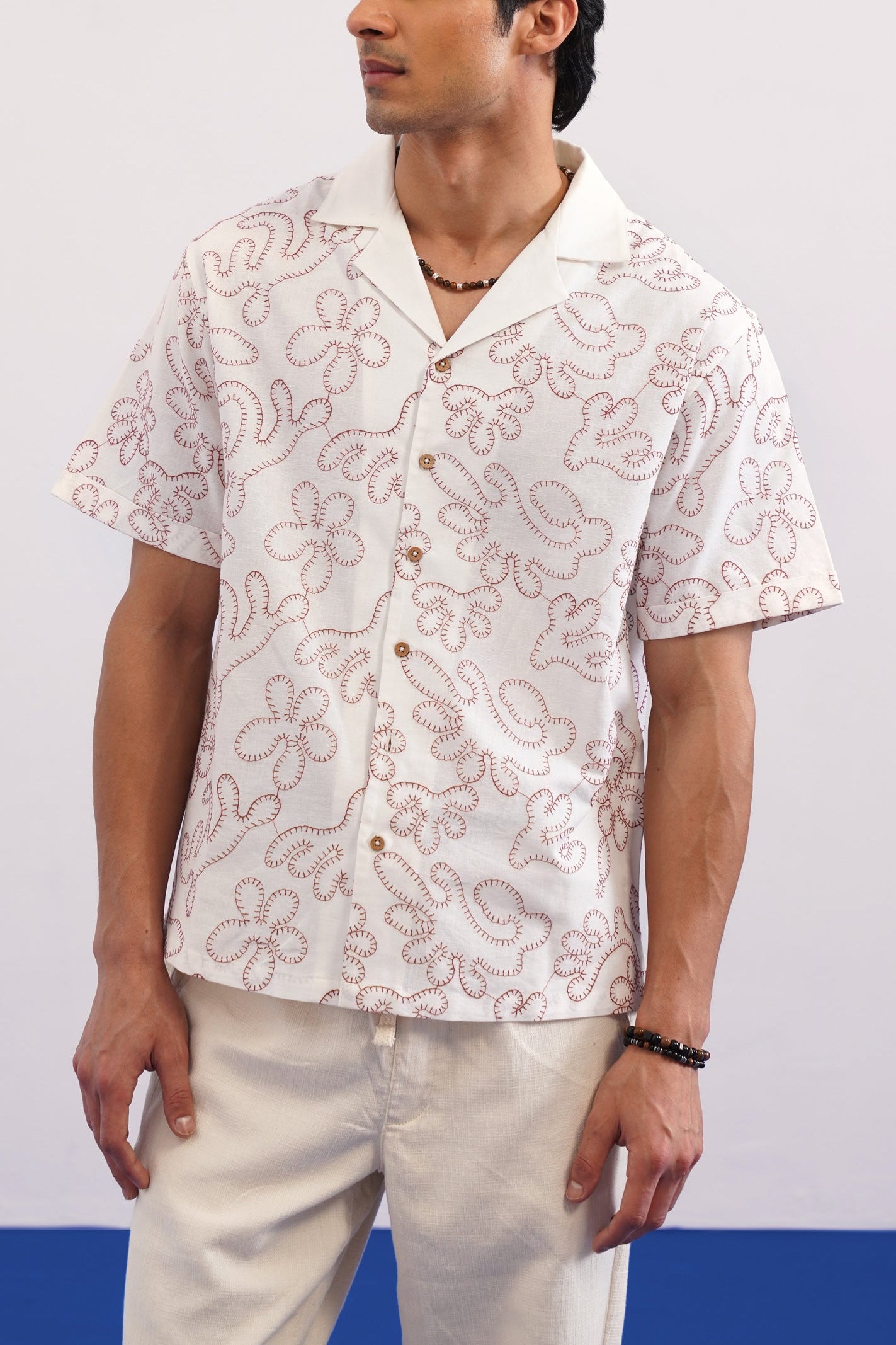 CORAL DRIFT COTTON LINEN SHIRT - SALT/CORAL RED