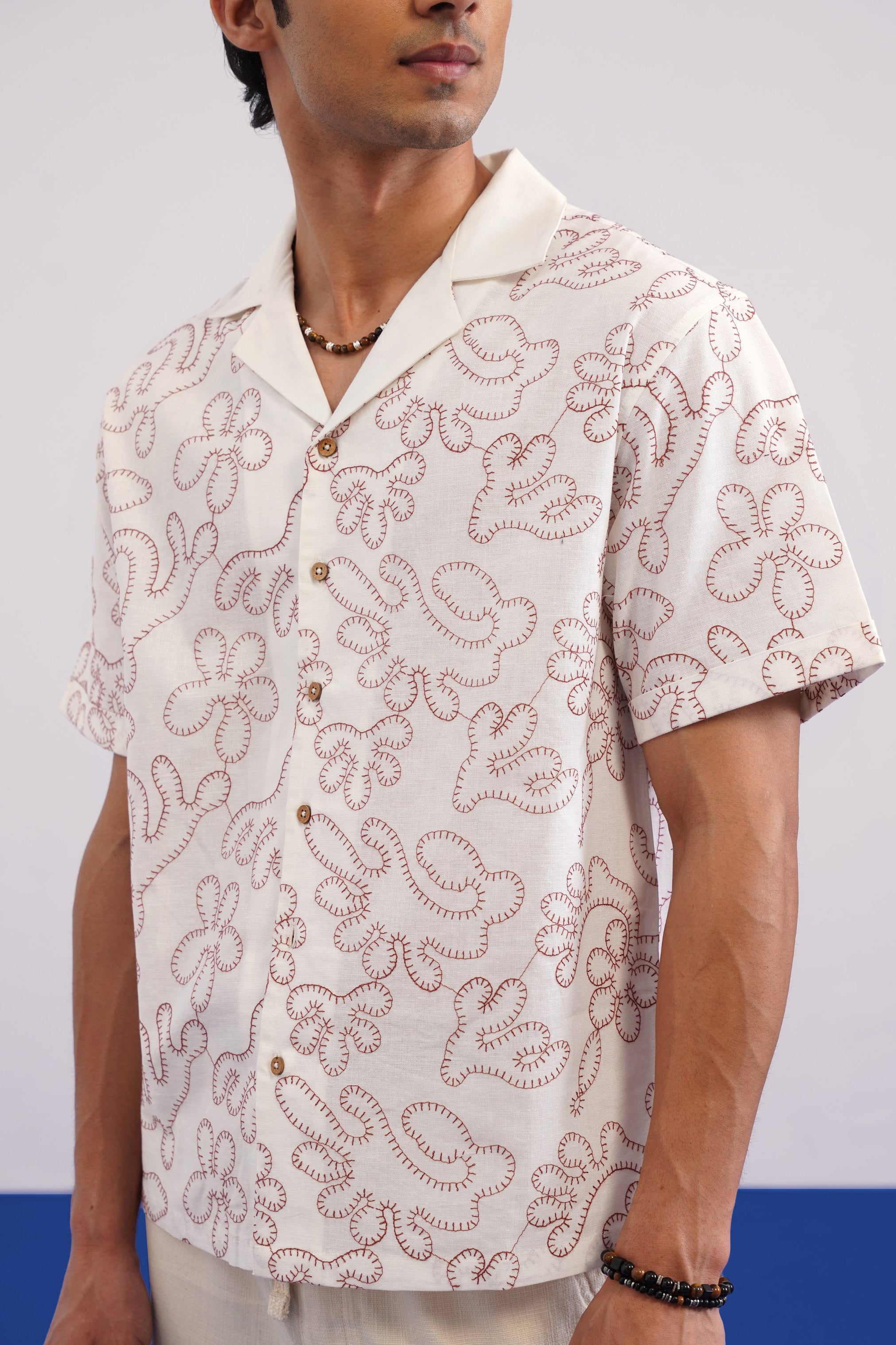 CORAL DRIFT COTTON LINEN SHIRT - SALT/CORAL RED