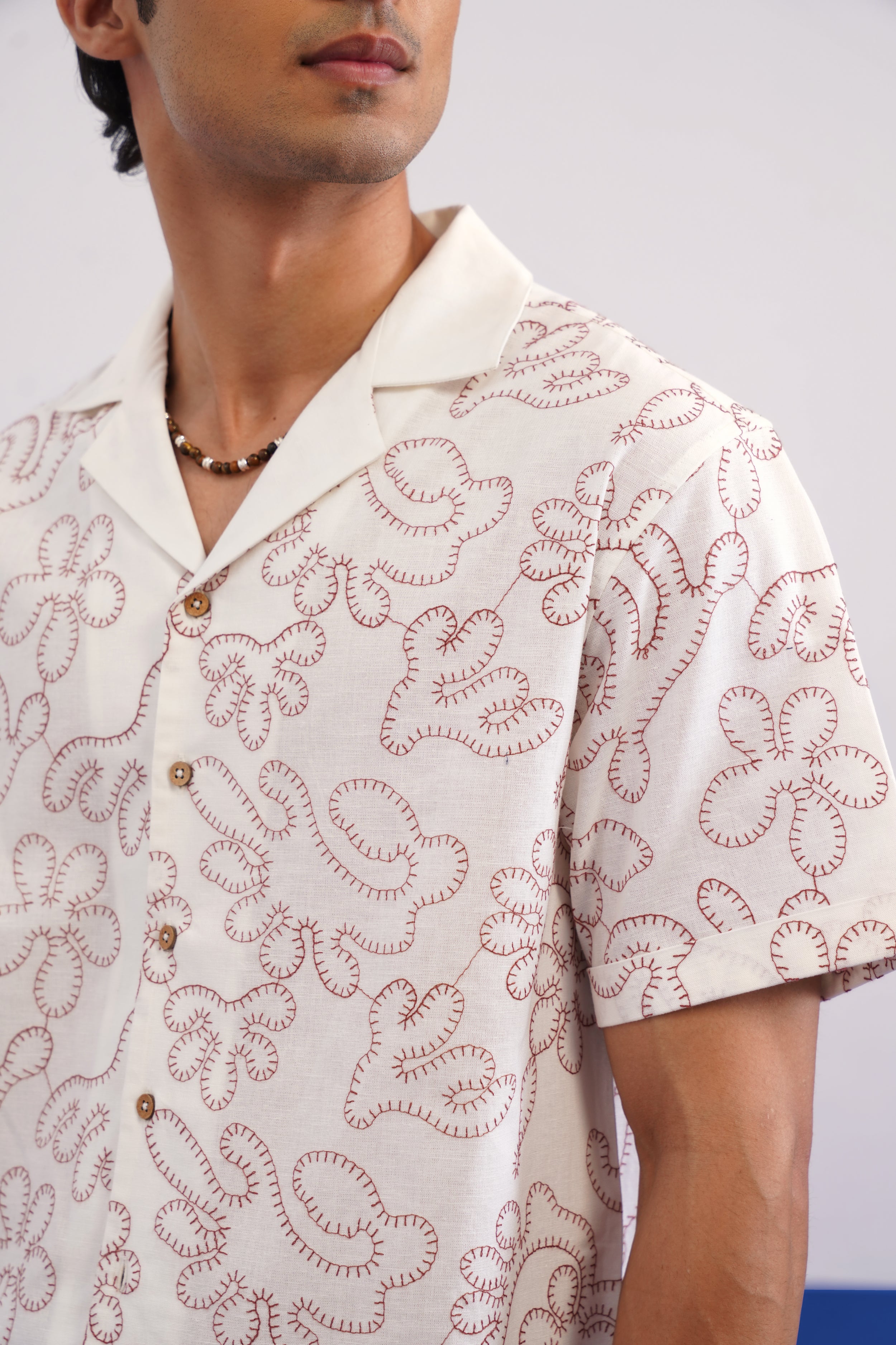 CORAL DRIFT COTTON LINEN SHIRT - SALT/CORAL RED