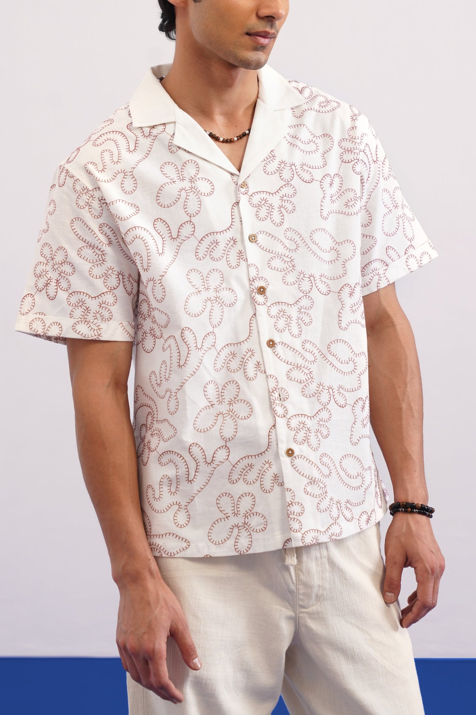 CORAL DRIFT COTTON LINEN SHIRT - SALT/CORAL RED