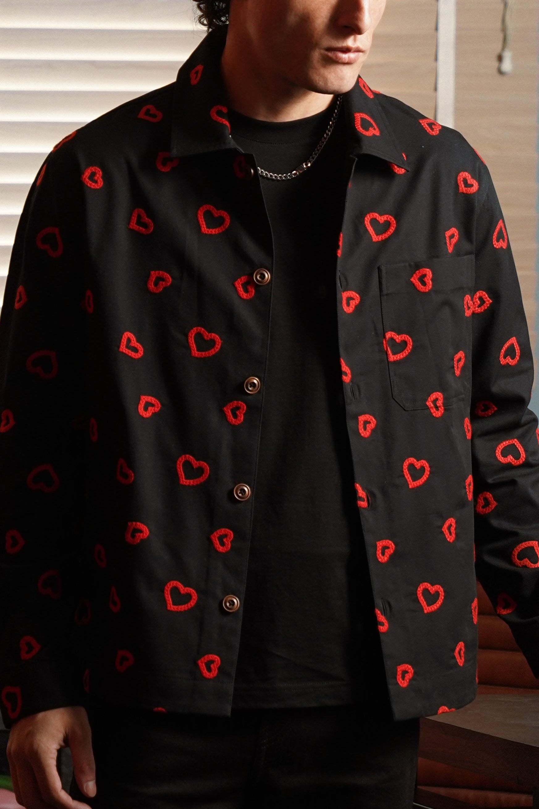 Winter Hearts Oversized Shacket (Black with Red Hearts Embroidery)