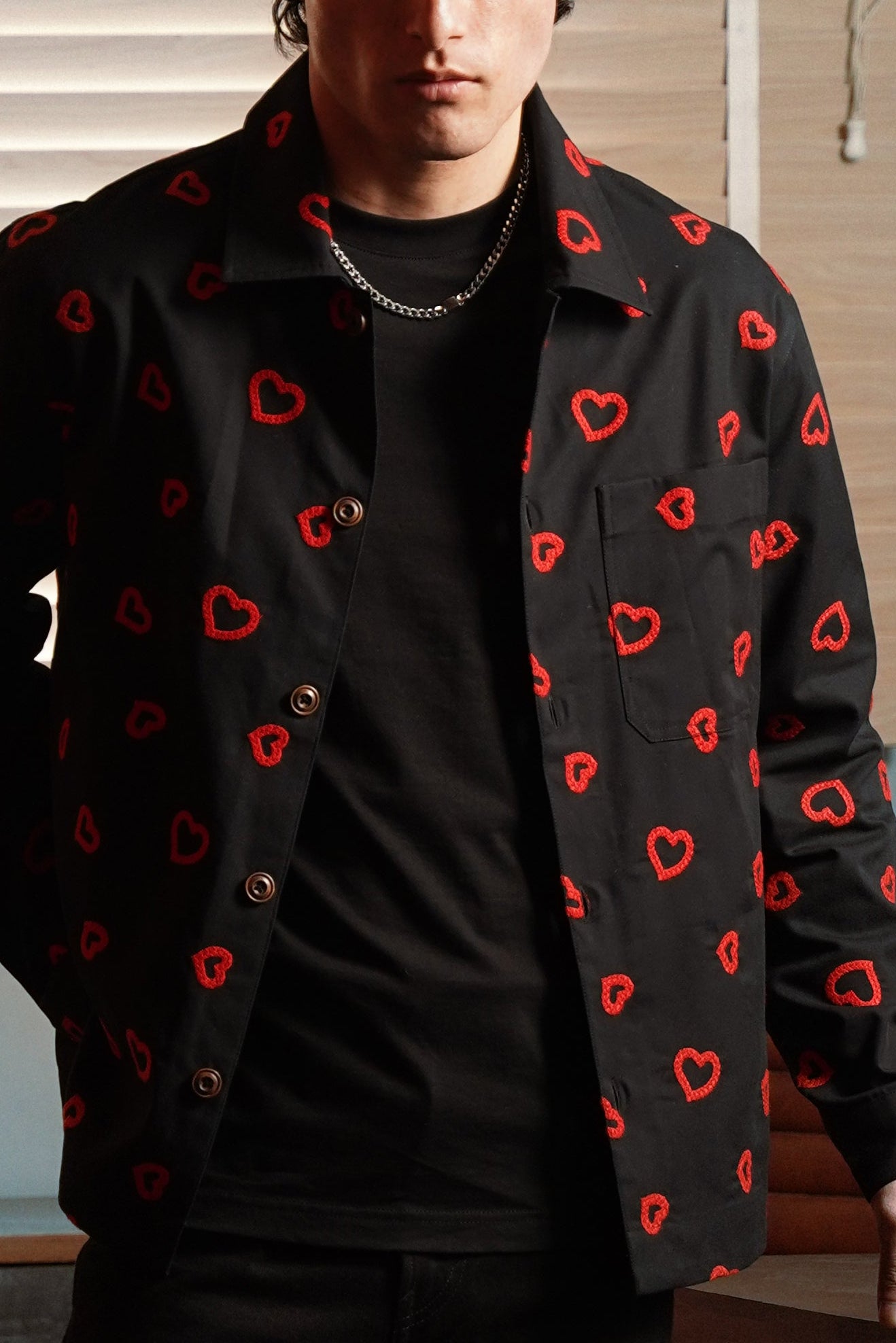 Winter Hearts Oversized Shacket (Black with Red Hearts Embroidery)