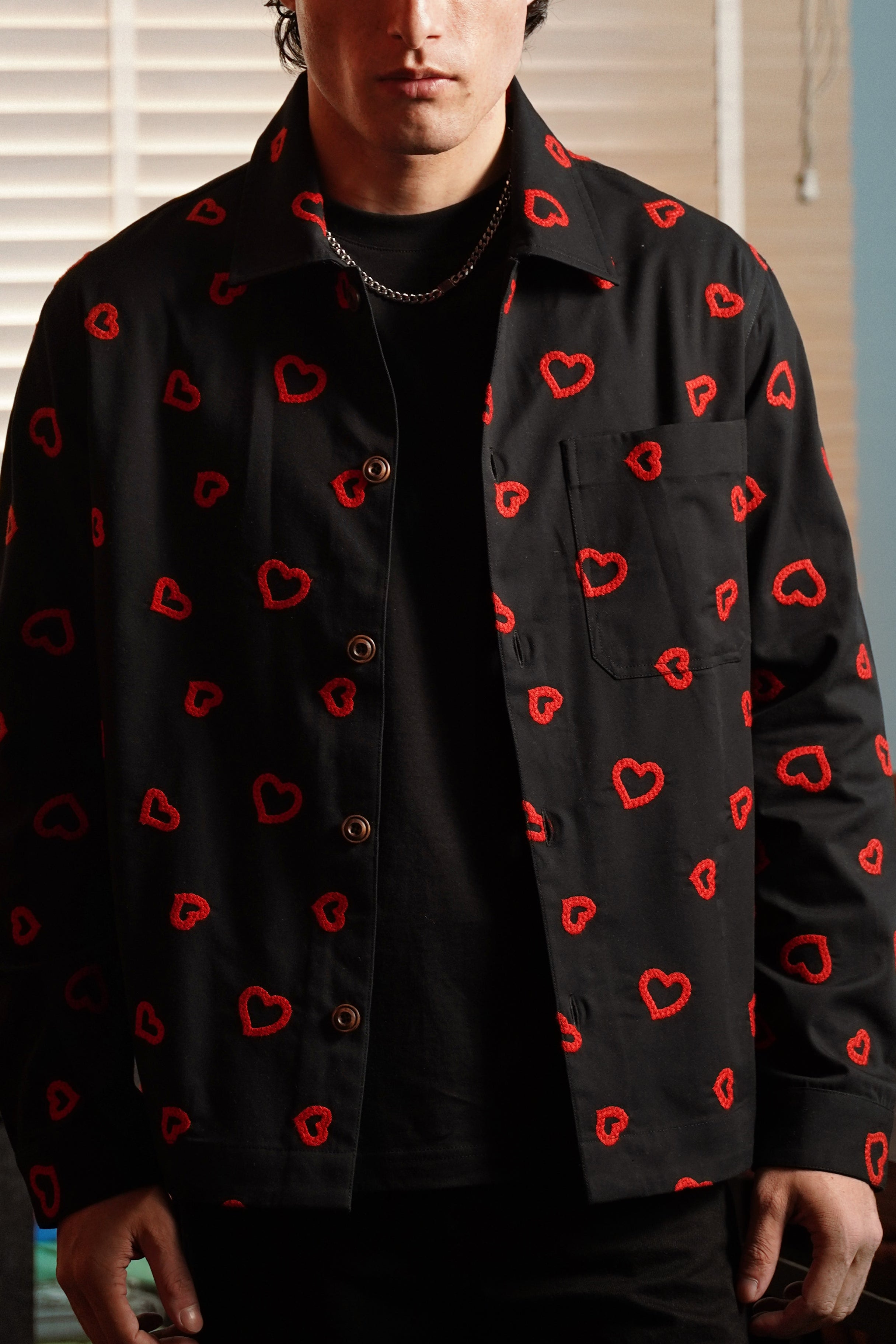 Winter Hearts Oversized Shacket (Black with Red Hearts Embroidery)