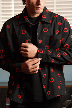Winter Hearts Oversized Shacket (Black with Red Hearts Embroidery)