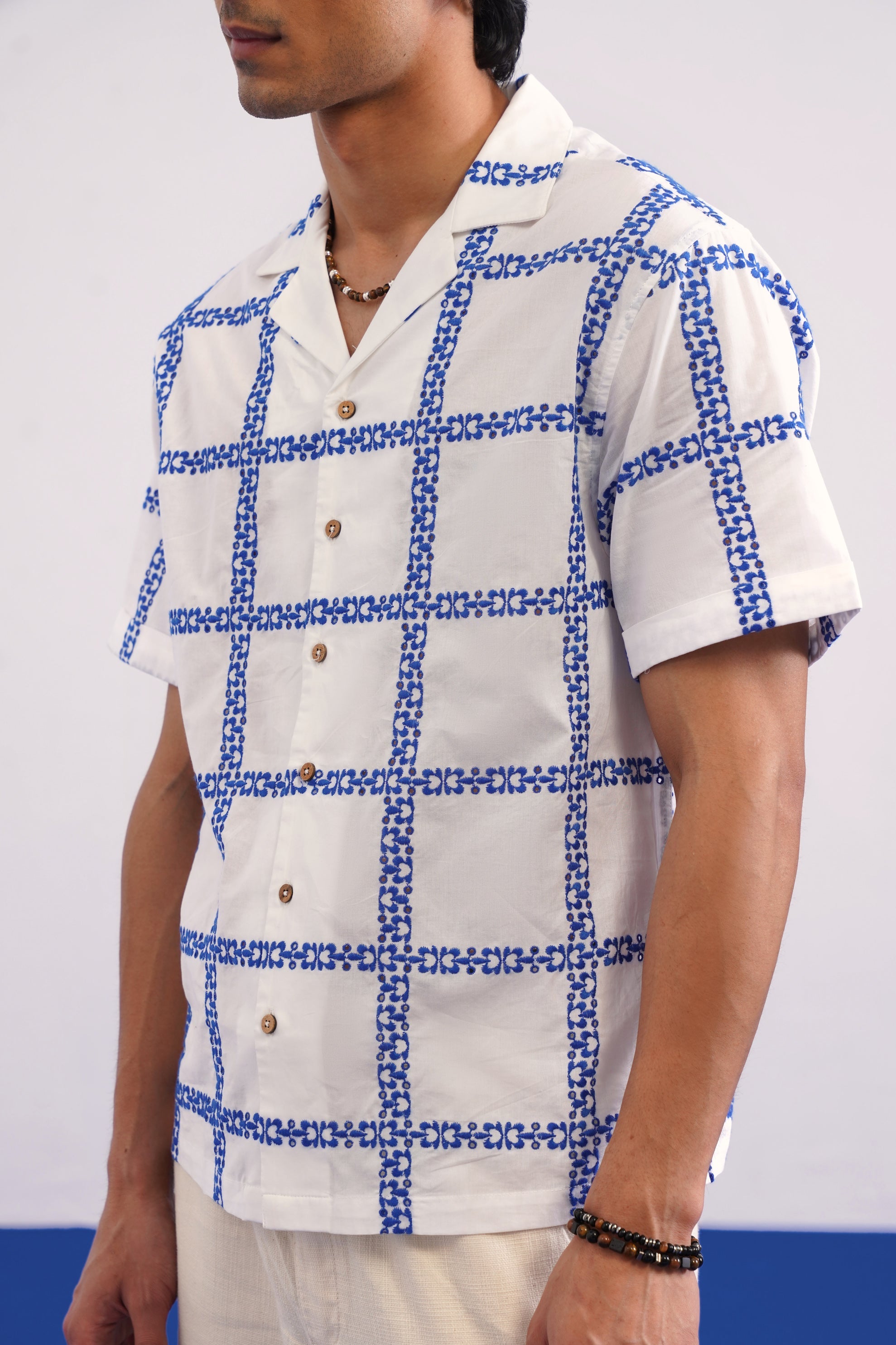 CABANA BLOOM COTTON SHIRT - SALT/COBALT BLUE