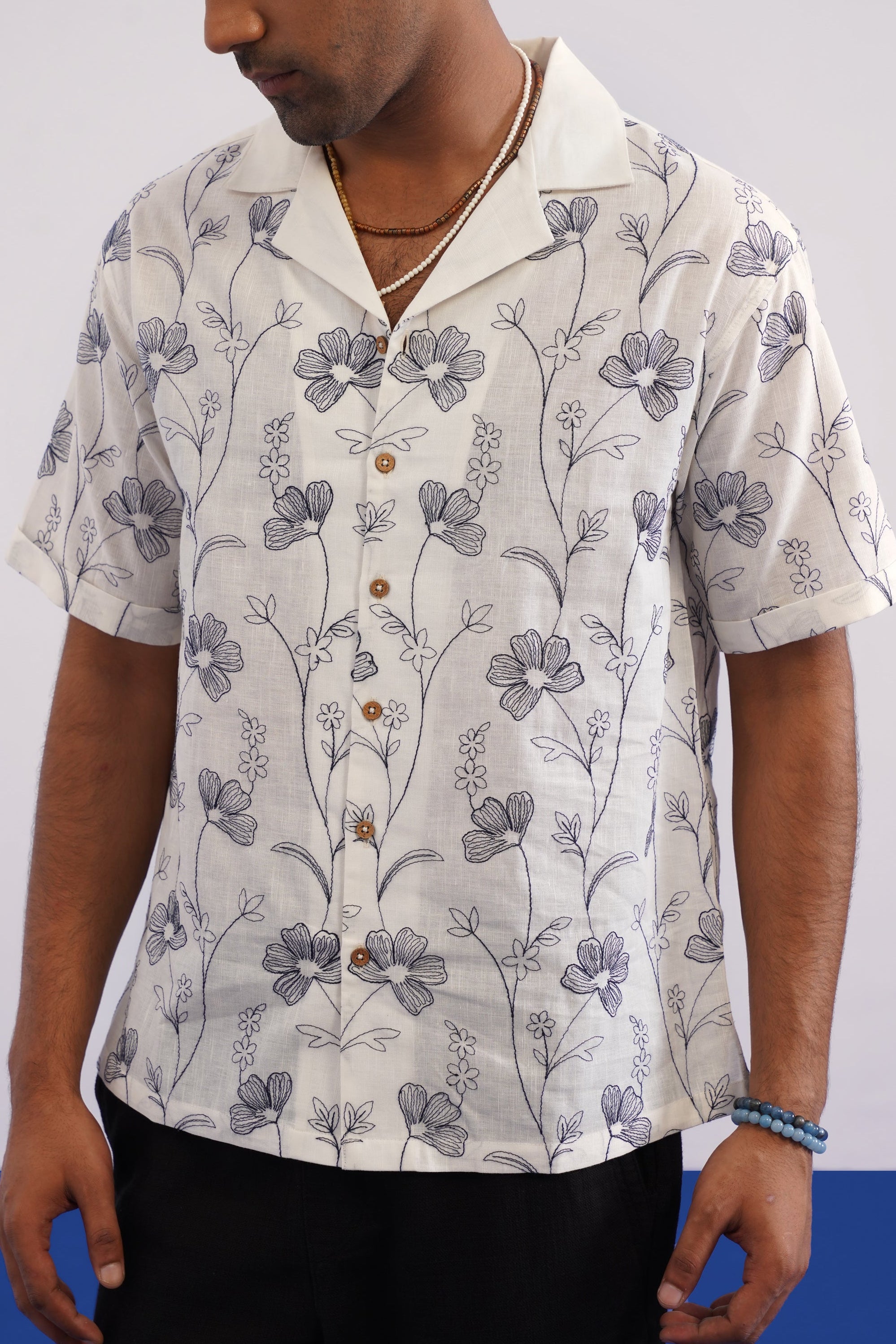 INK MEADOW COTTON LINEN SHIRT - SALT/MIDNIGHT BLACK