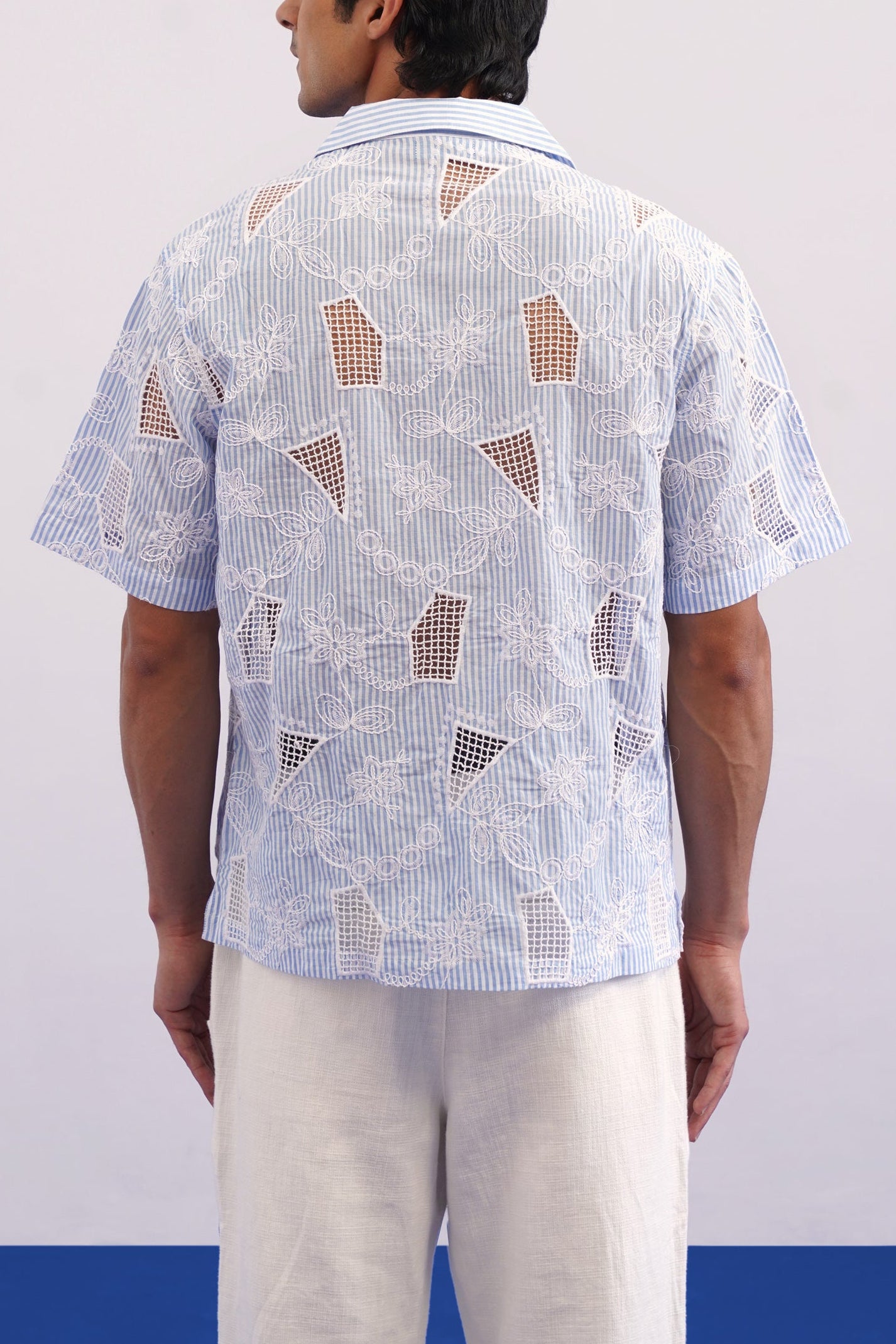 MARINA BLOOM COTTON STRIPE CUTWORK SHIRT - SKY STRIPE/SALT