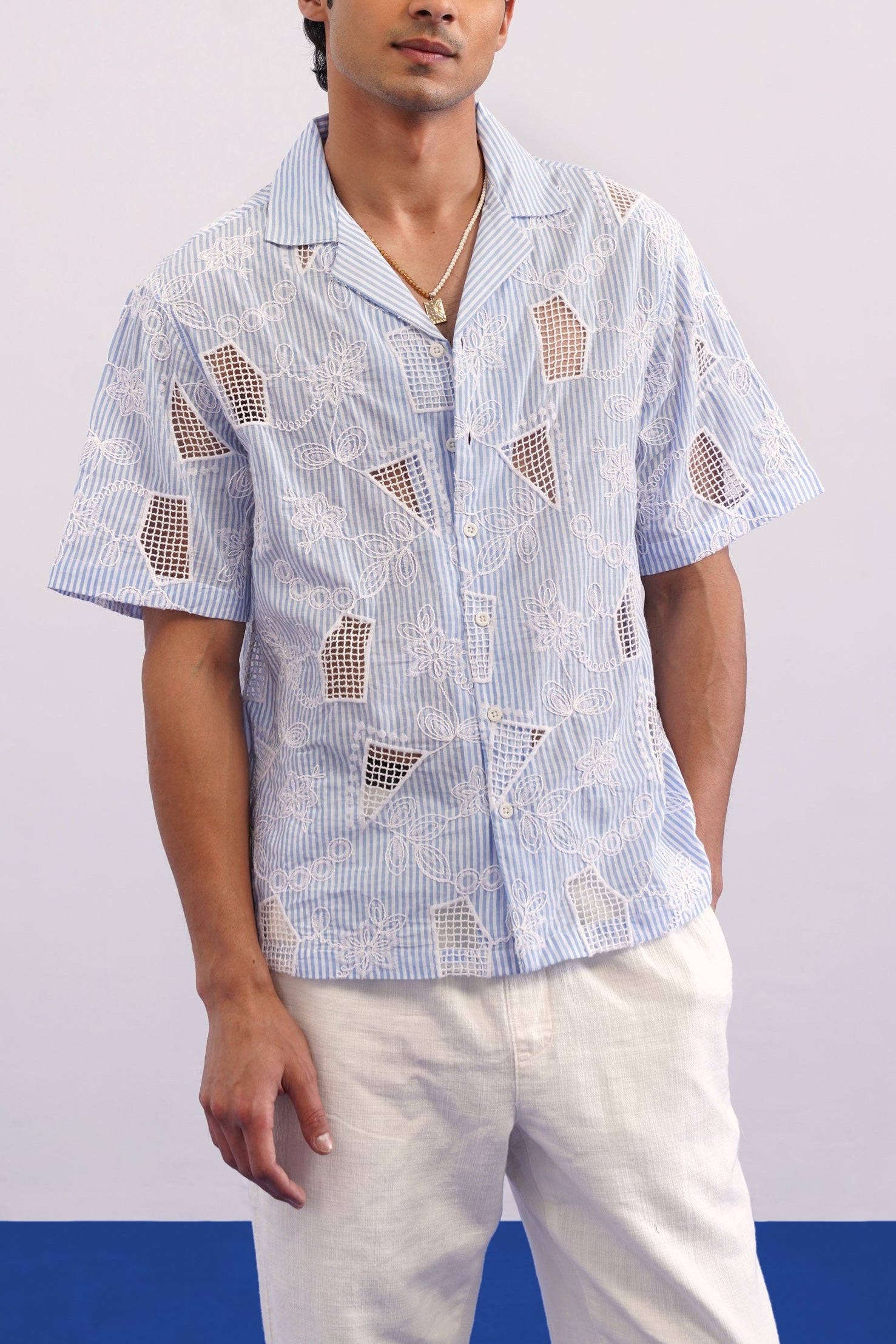 MARINA BLOOM COTTON STRIPE CUTWORK SHIRT - SKY STRIPE/SALT