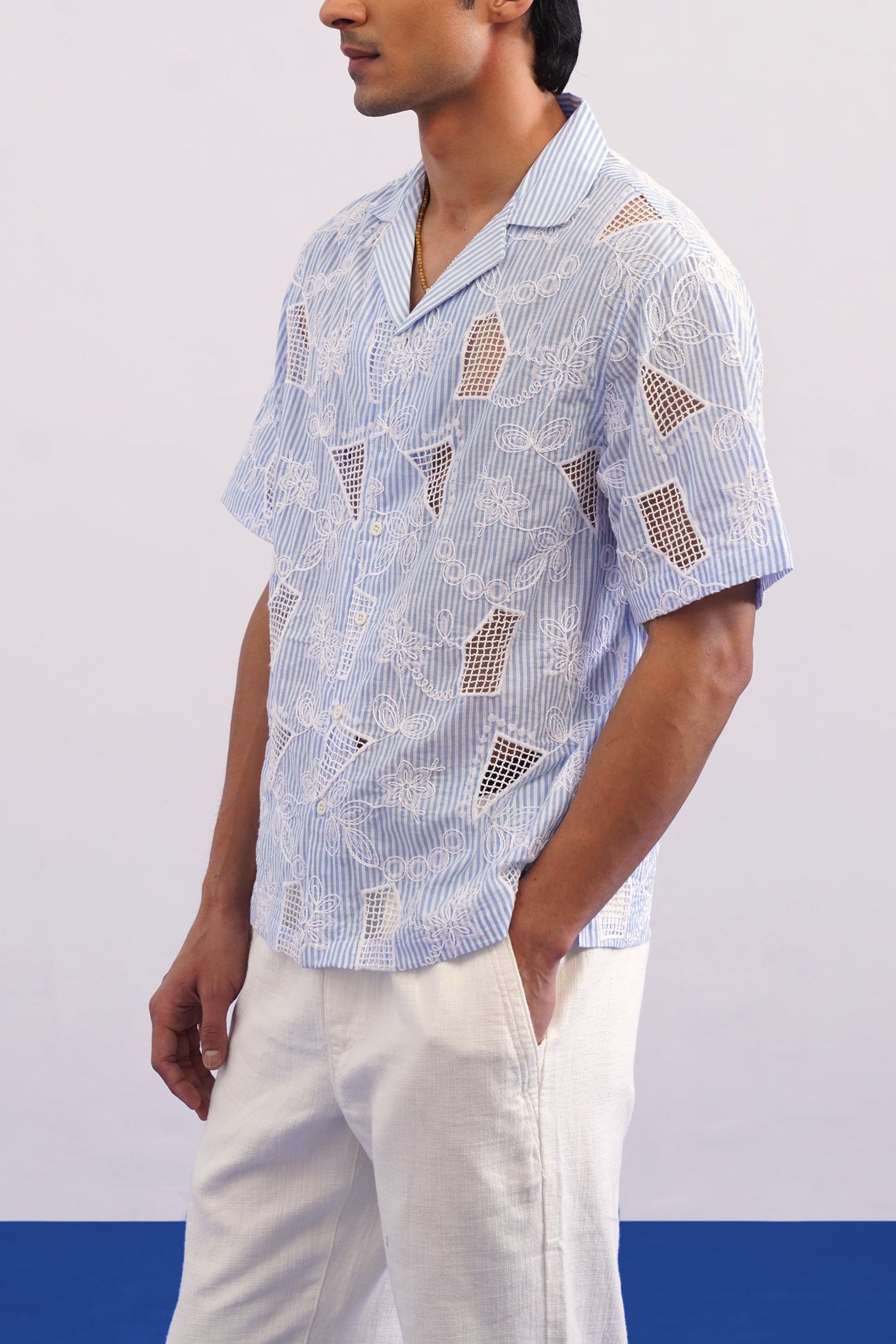 MARINA BLOOM COTTON STRIPE CUTWORK SHIRT - SKY STRIPE/SALT