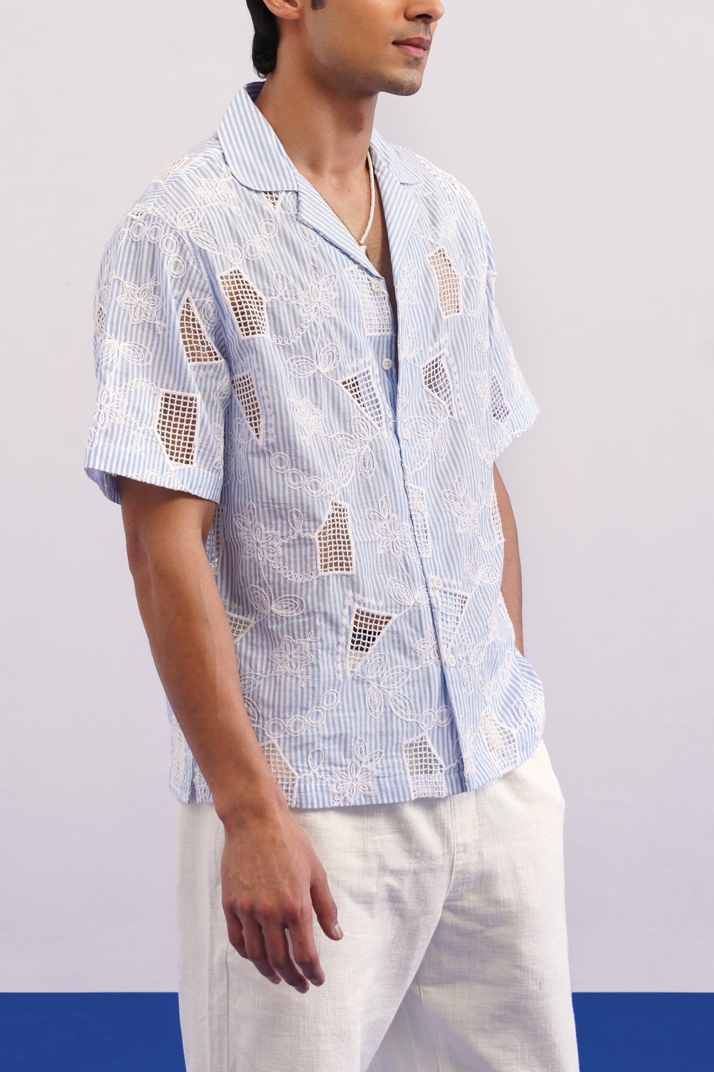 MARINA BLOOM COTTON STRIPE CUTWORK SHIRT - SKY STRIPE/SALT