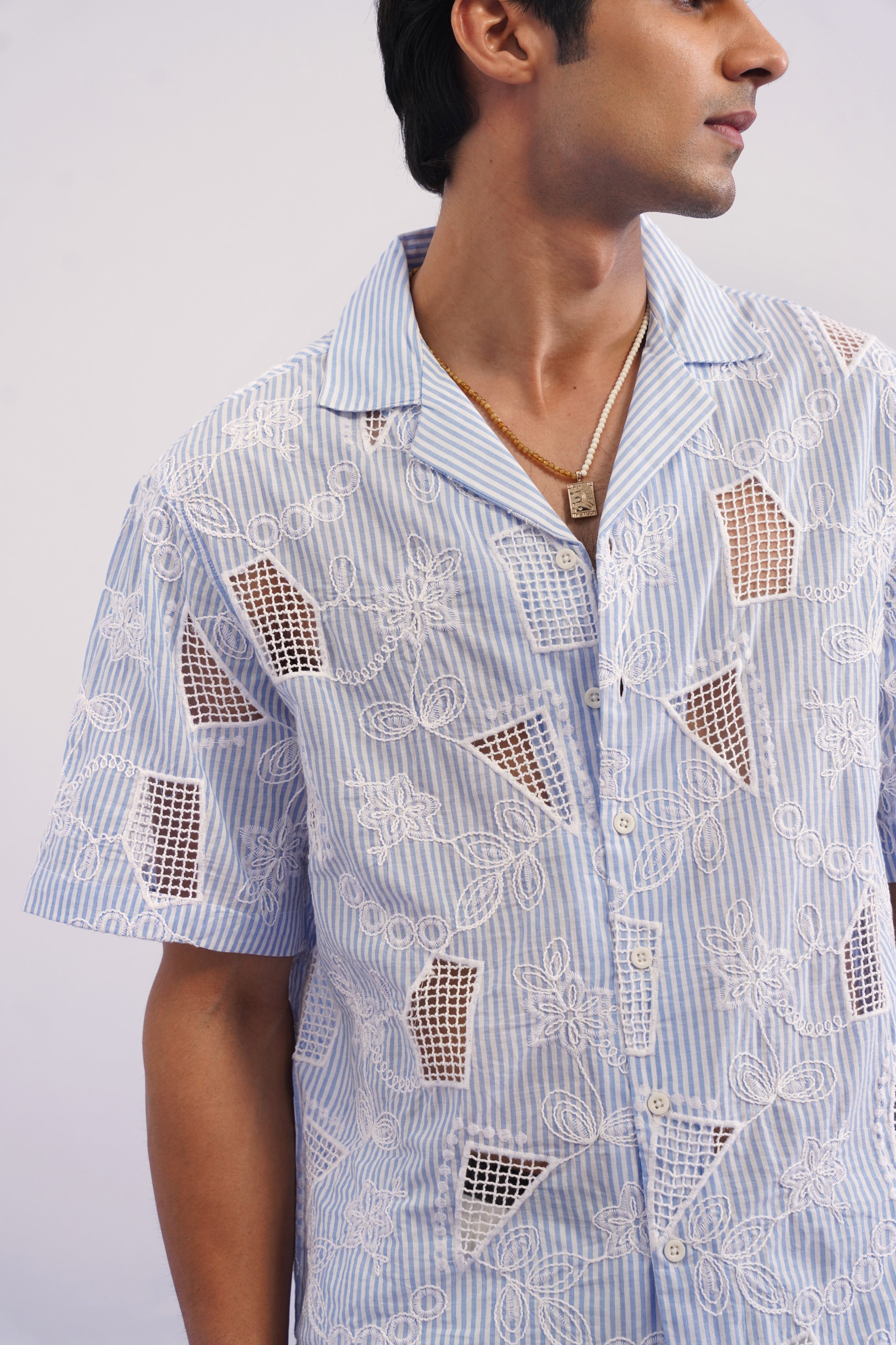 MARINA BLOOM COTTON STRIPE CUTWORK SHIRT - SKY STRIPE/SALT