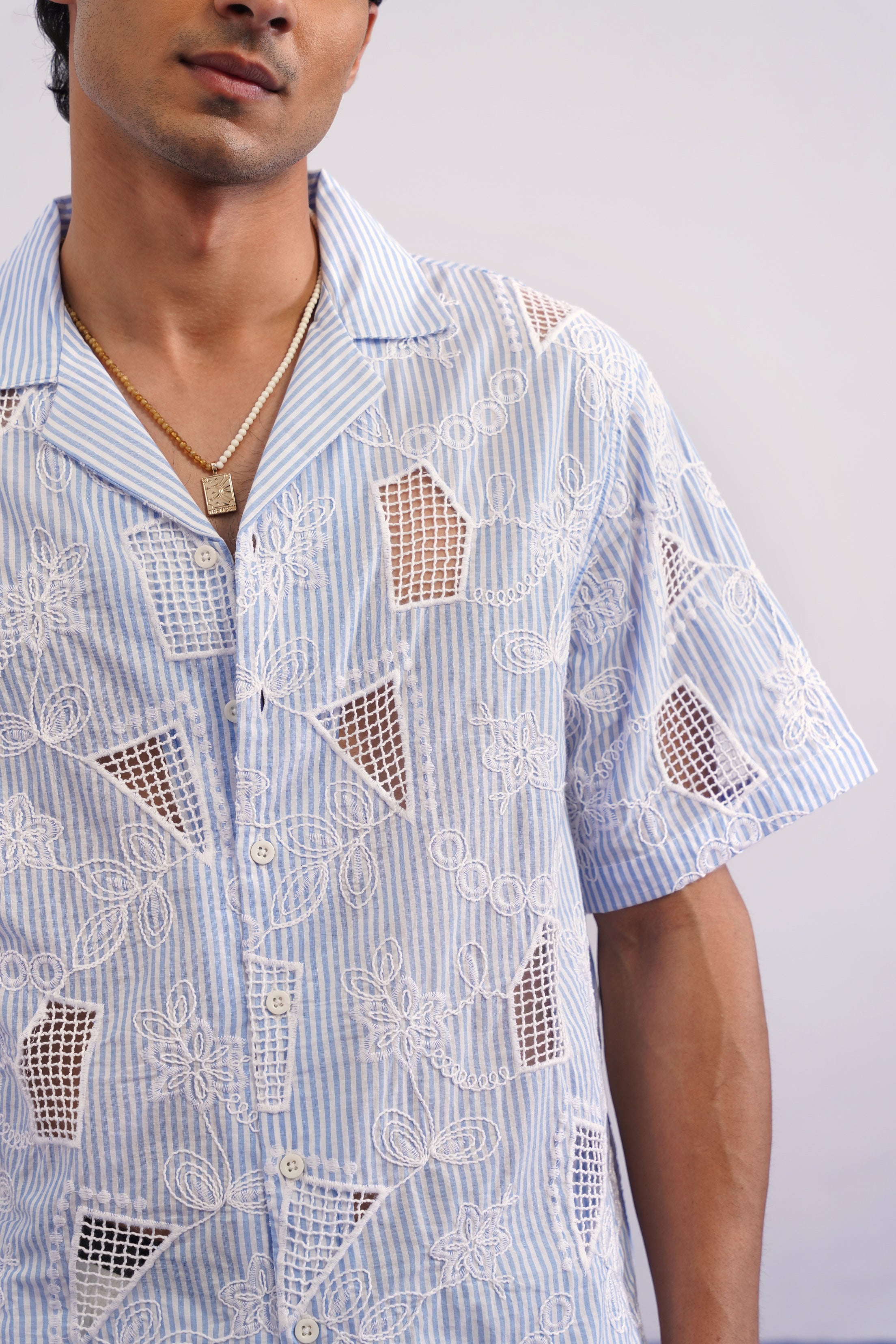 MARINA BLOOM COTTON STRIPE CUTWORK SHIRT - SKY STRIPE/SALT