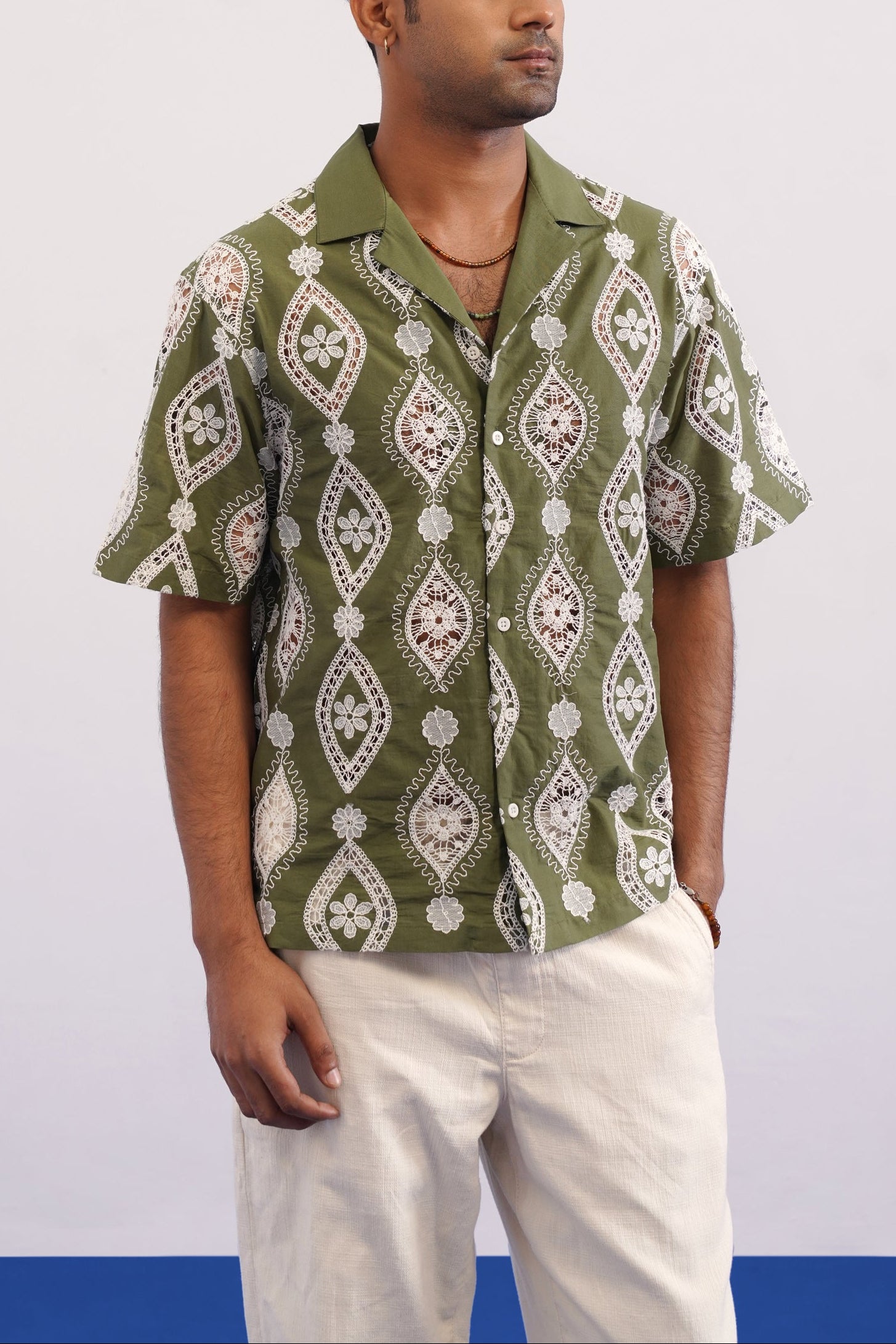 OASIS MEDALLION COTTON CUTWORK SHIRT - PALM OLIVE