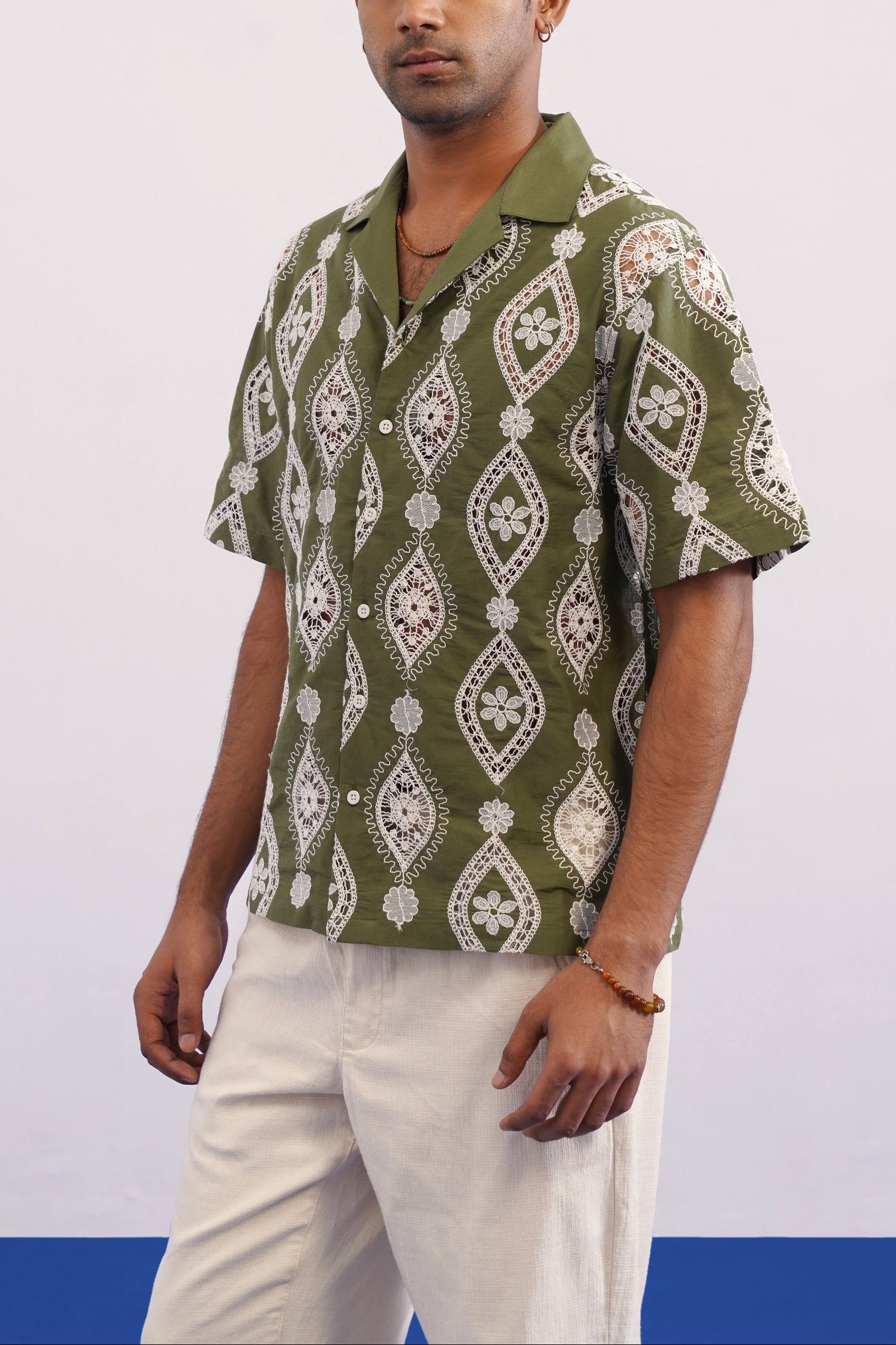 OASIS MEDALLION COTTON CUTWORK SHIRT - PALM OLIVE