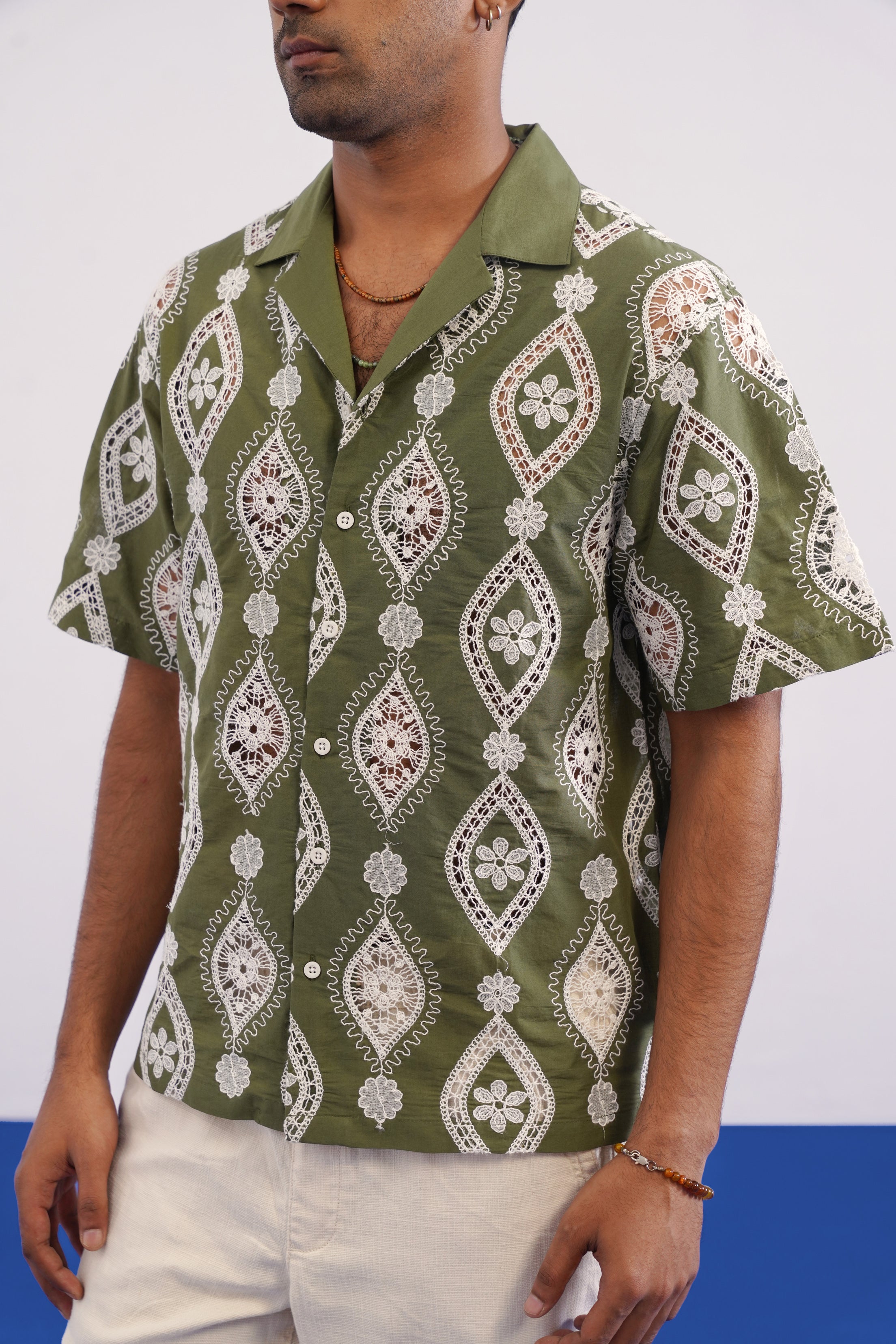 OASIS MEDALLION COTTON CUTWORK SHIRT - PALM OLIVE