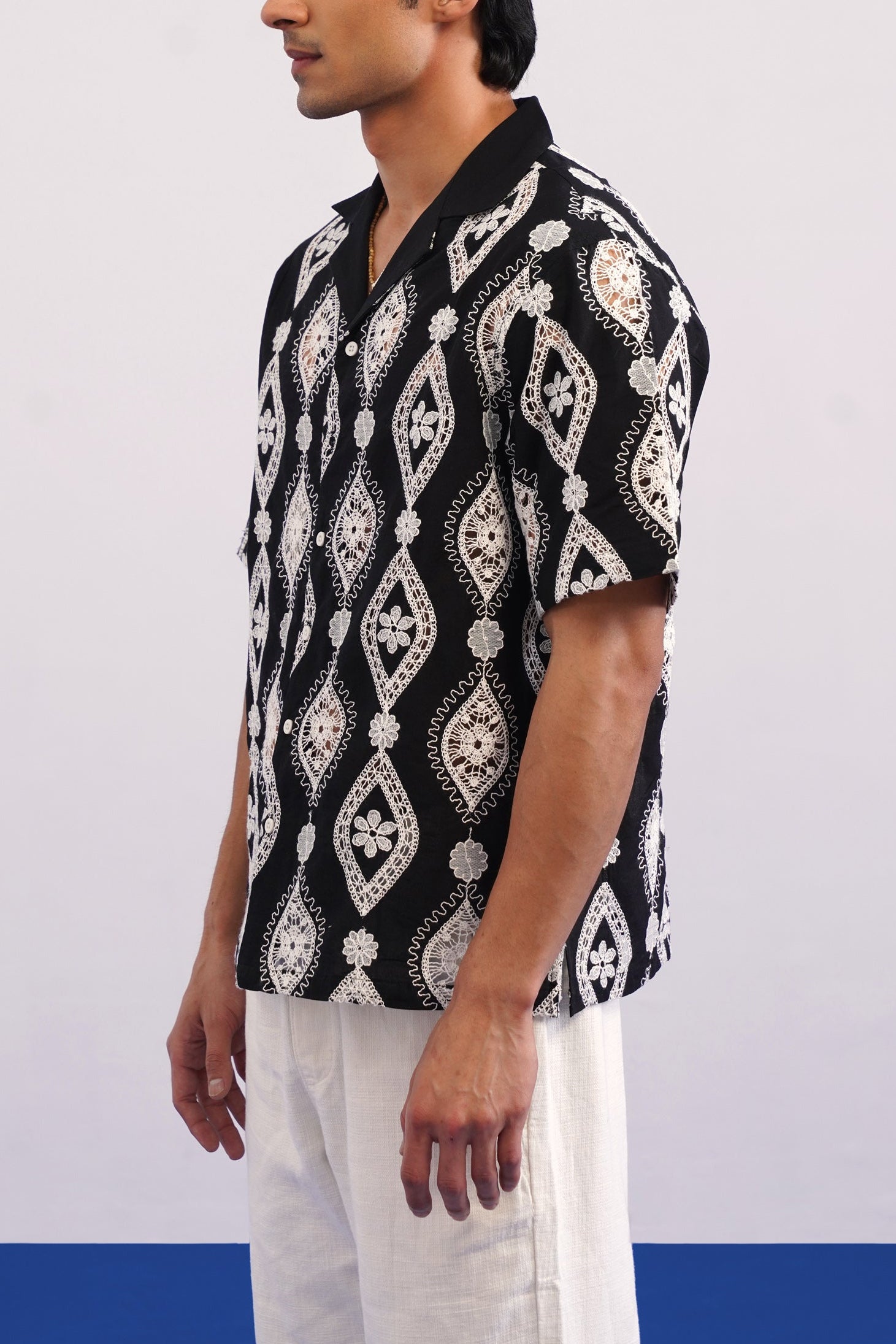 OASIS MEDALLION COTTON CUTWORK SHIRT - MIDNIGHT BLACK
