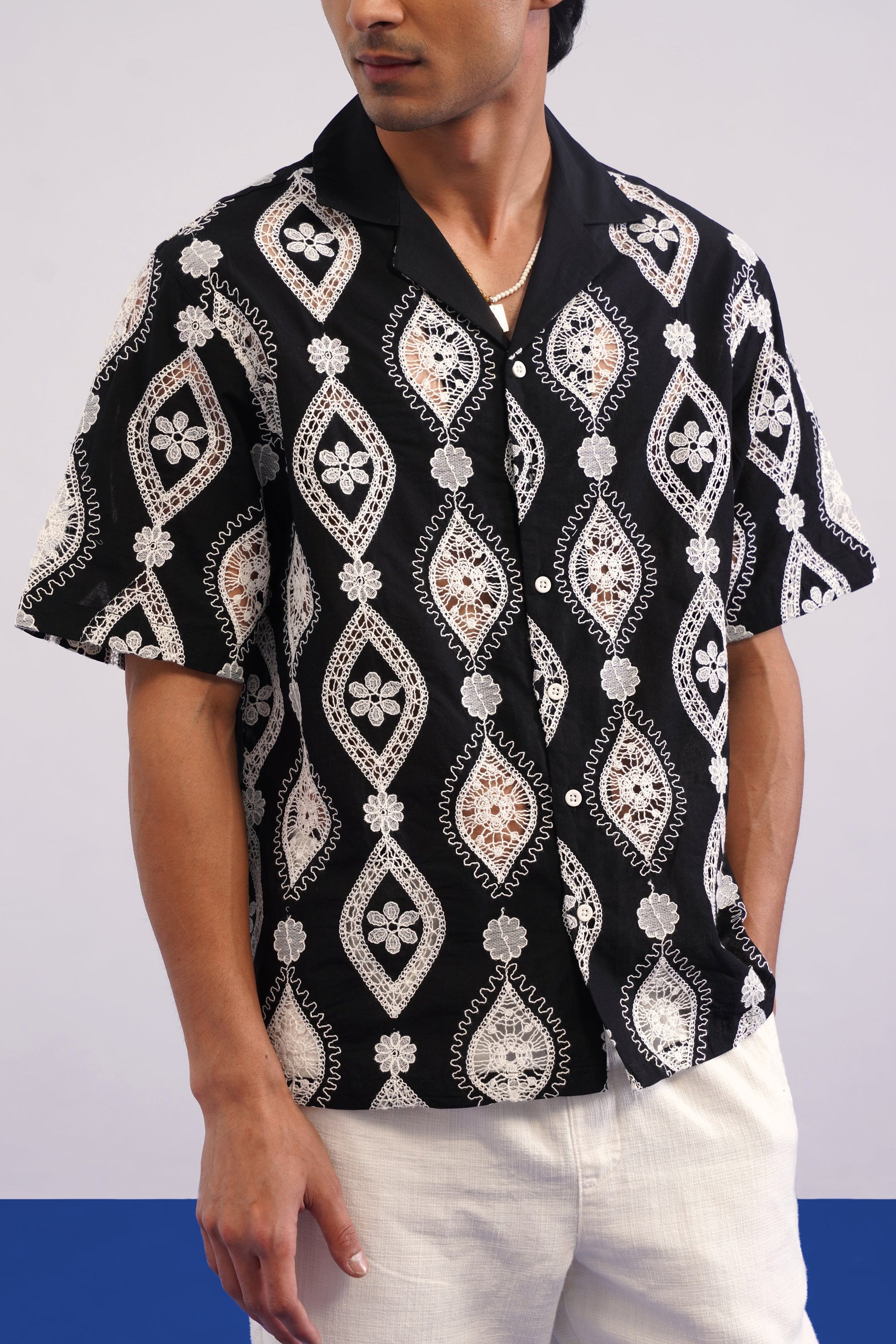 OASIS MEDALLION COTTON CUTWORK SHIRT - MIDNIGHT BLACK