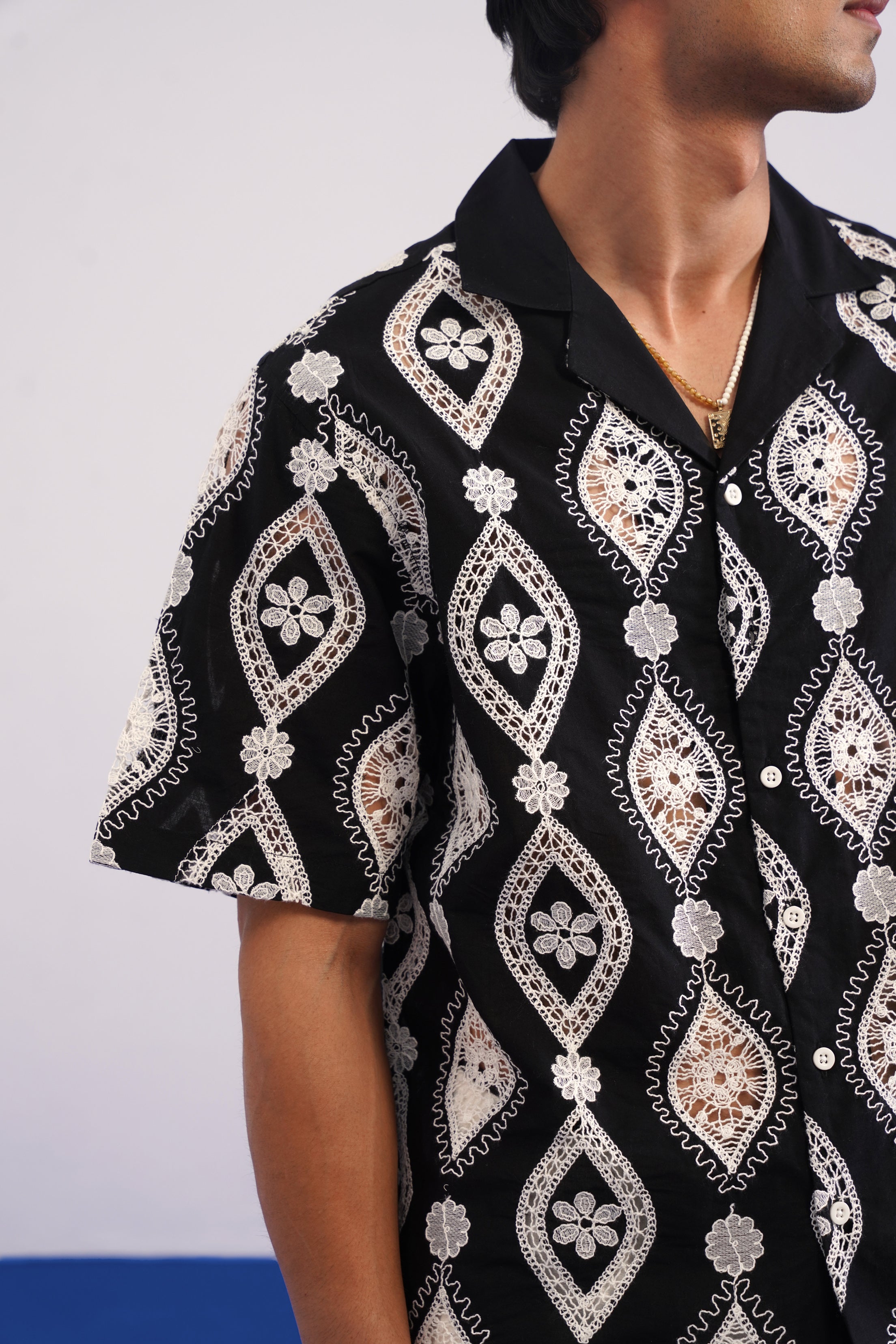 OASIS MEDALLION COTTON CUTWORK SHIRT - MIDNIGHT BLACK