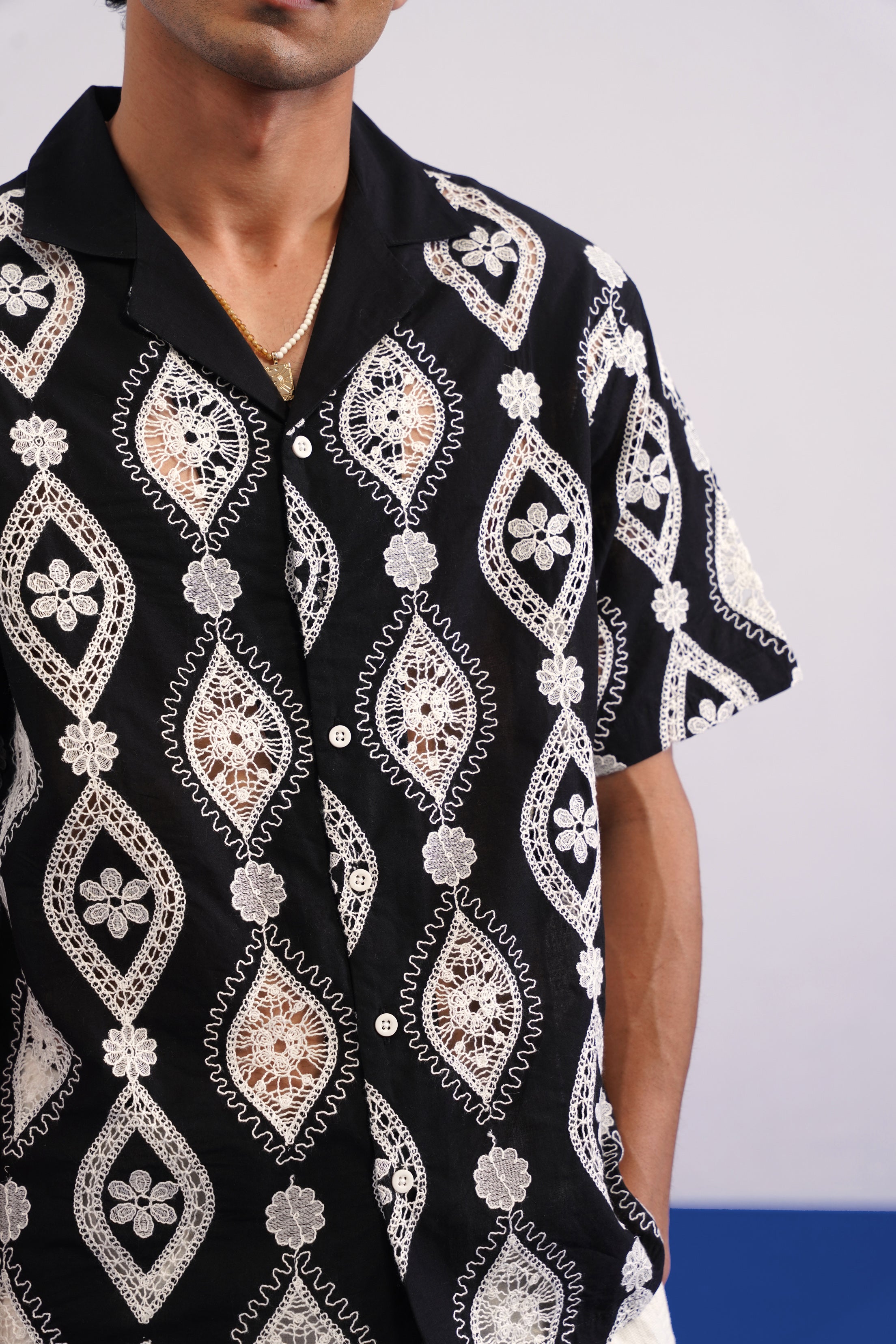 OASIS MEDALLION COTTON CUTWORK SHIRT - MIDNIGHT BLACK