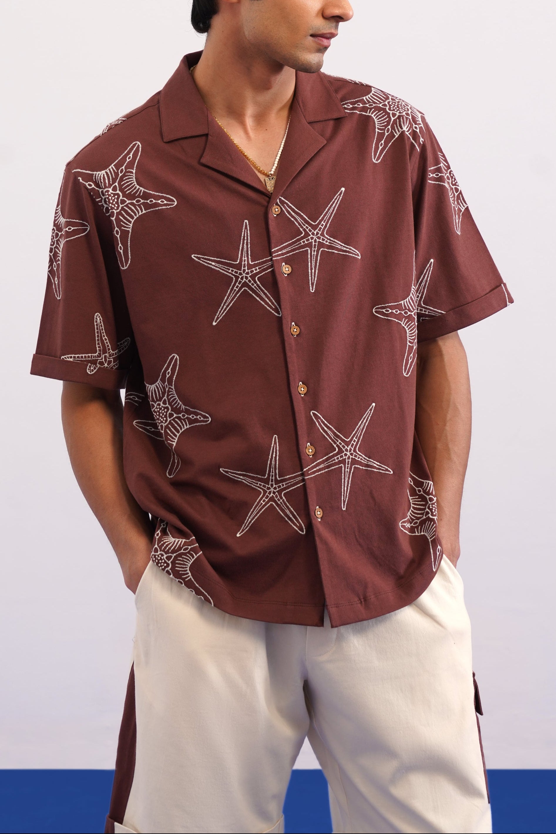 MARINER STAR COTTON KNIT SHIRT - ESPRESSO BEAN/CREAMY CLOUD