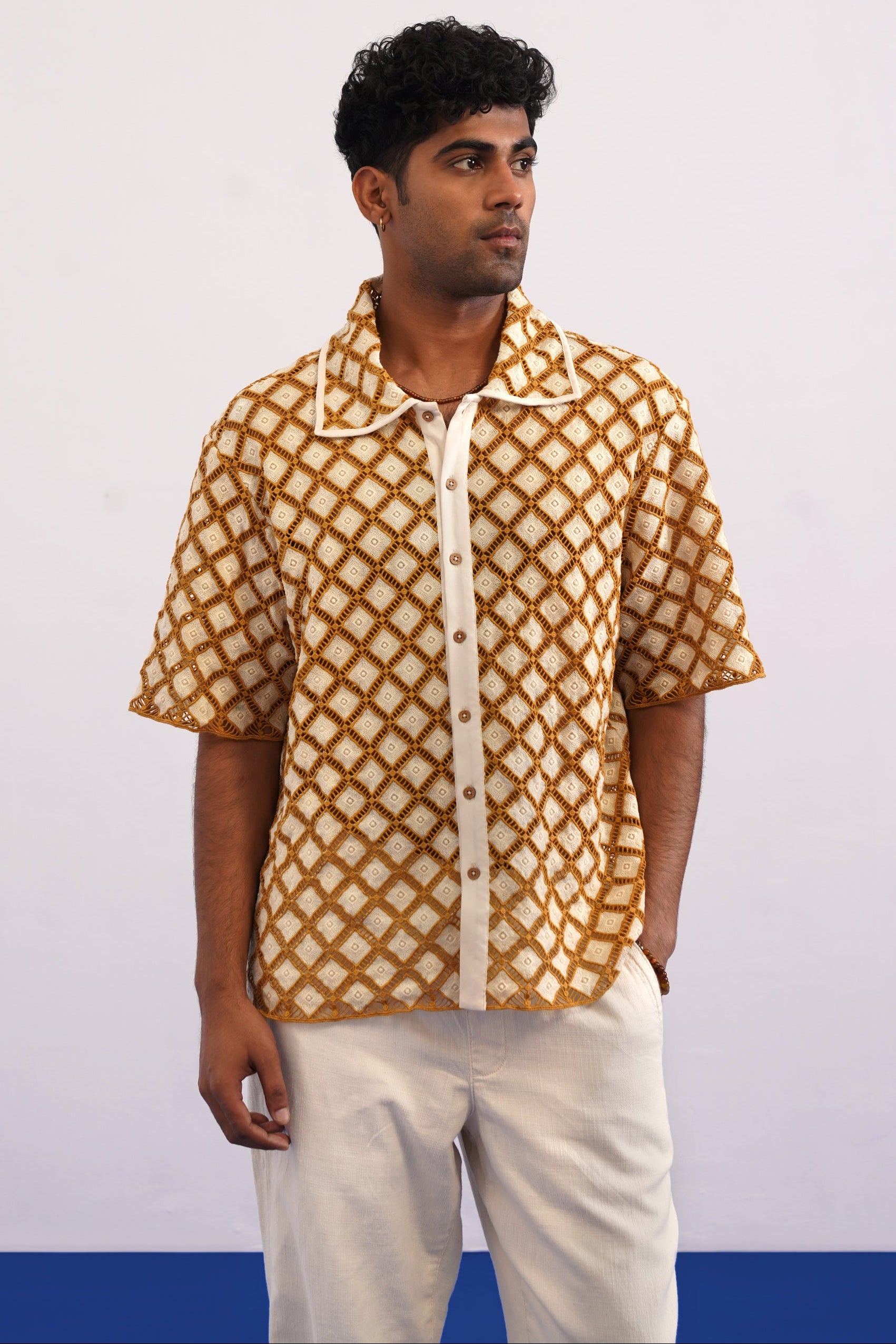 SOLANA LATTICE GUIPURE SHIRT - DUNE GOLD
