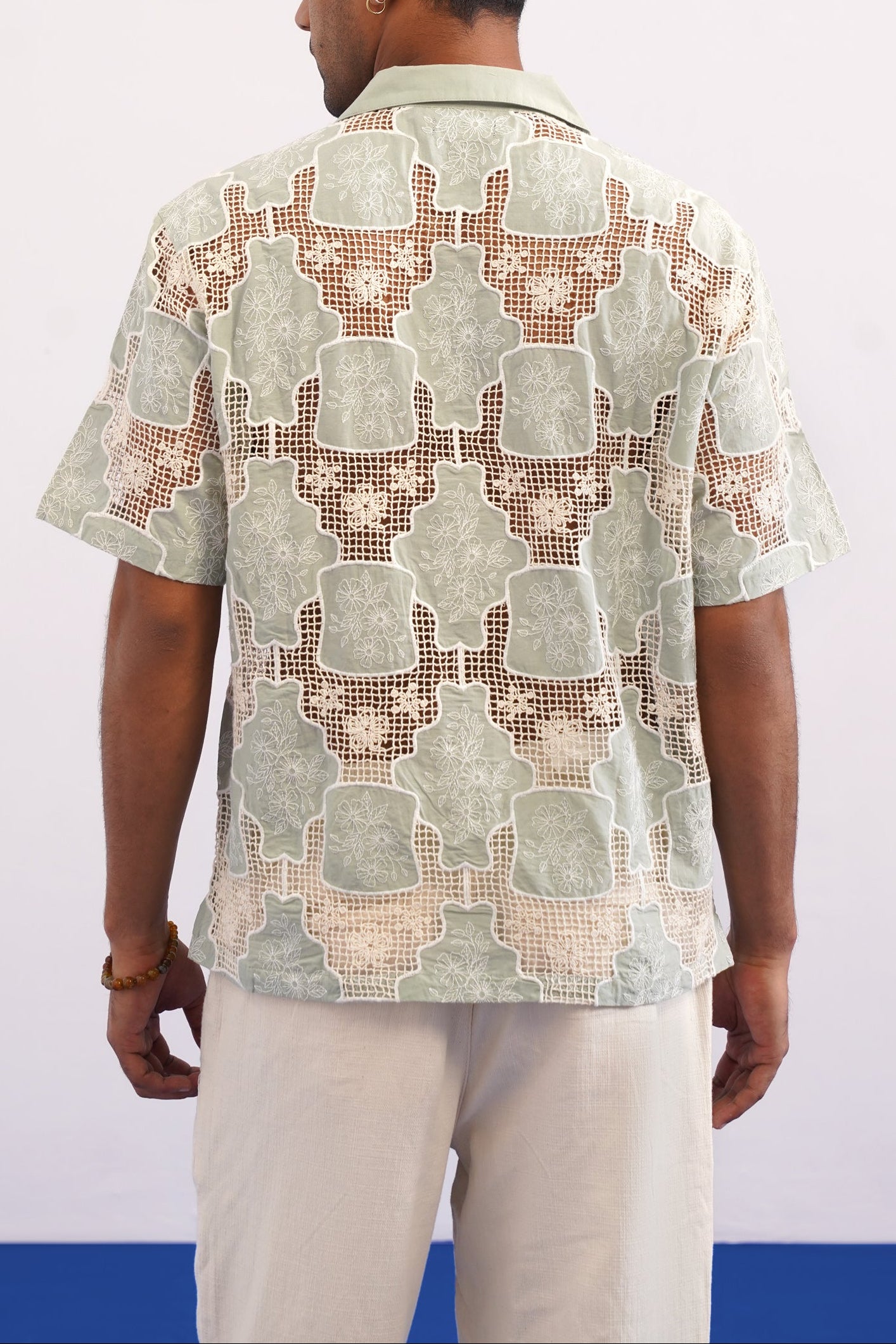 TRELLIS BLOOM COTTON CUTWORK SHIRT - SEA SAGE
