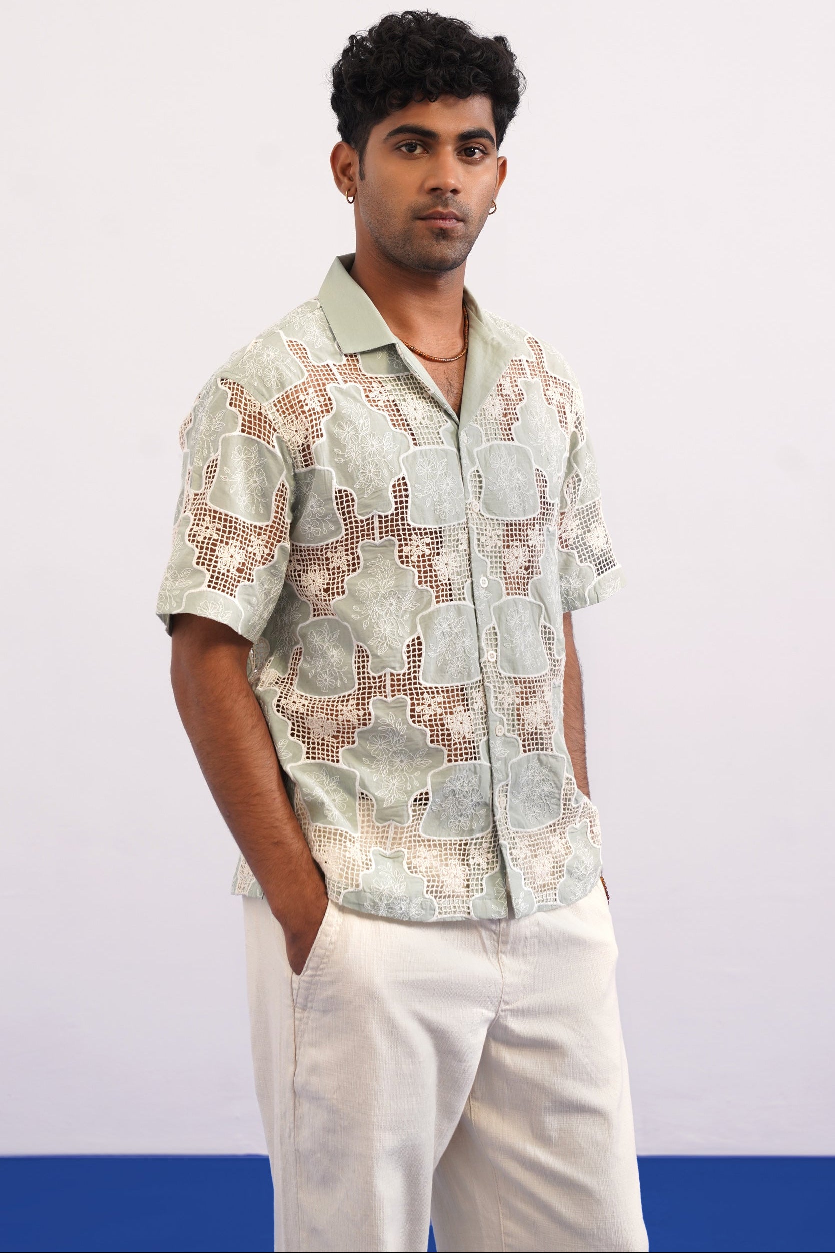 TRELLIS BLOOM COTTON CUTWORK SHIRT - SEA SAGE